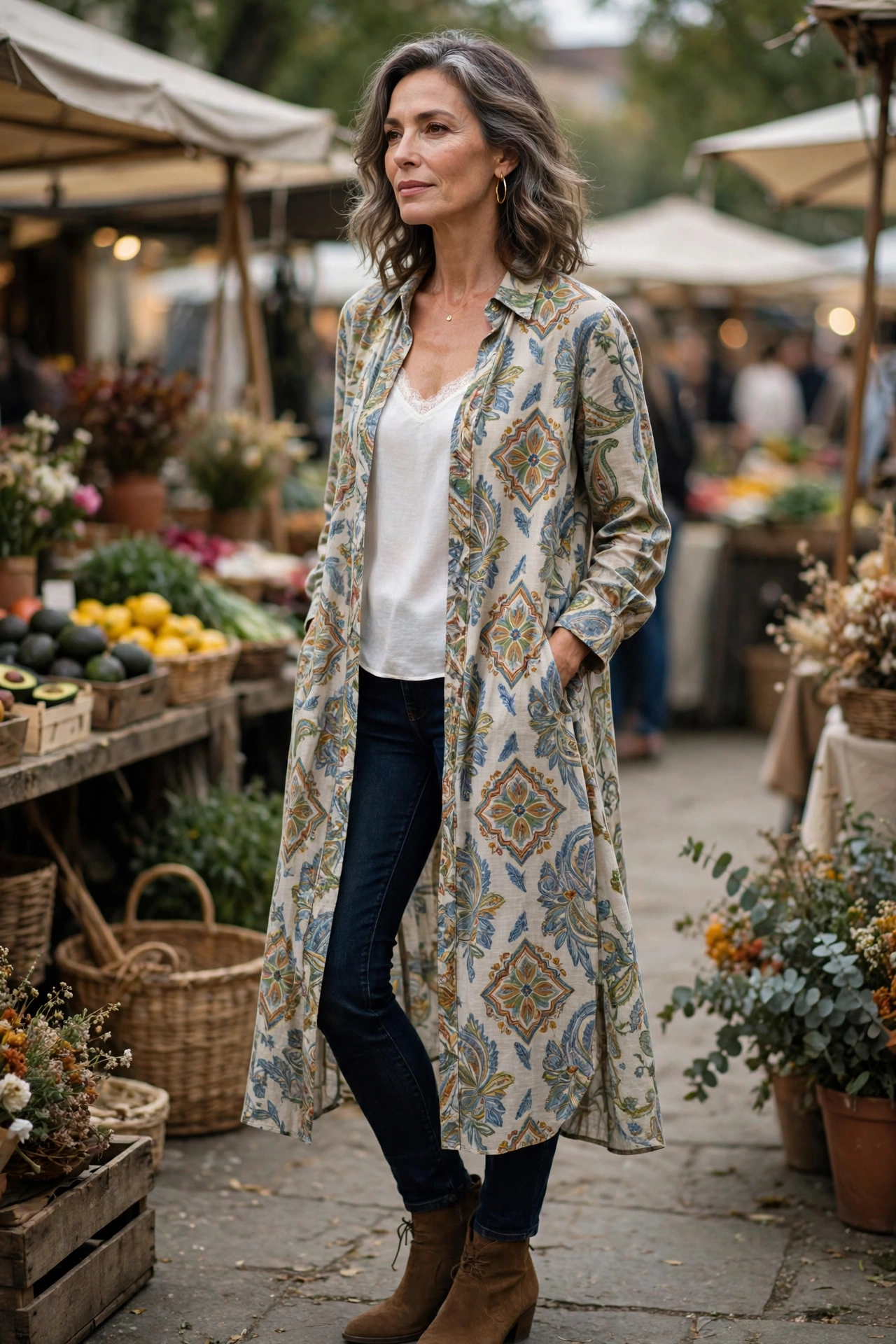 Woman over 50 wearing a printed shirt dress open as a duster over skinny jeans