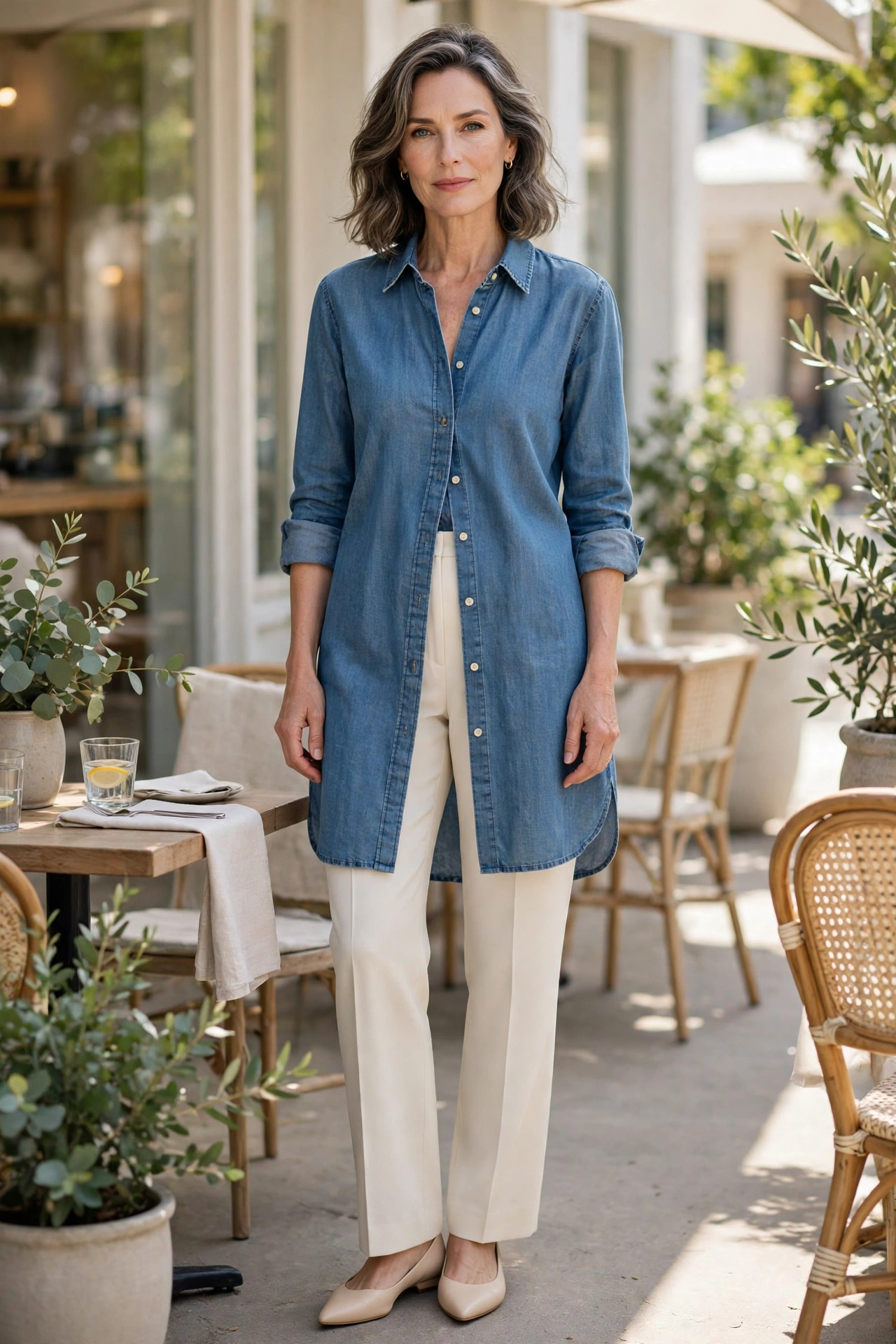 Woman over 50 styling a chambray shirt dress as a tunic over cream trousers