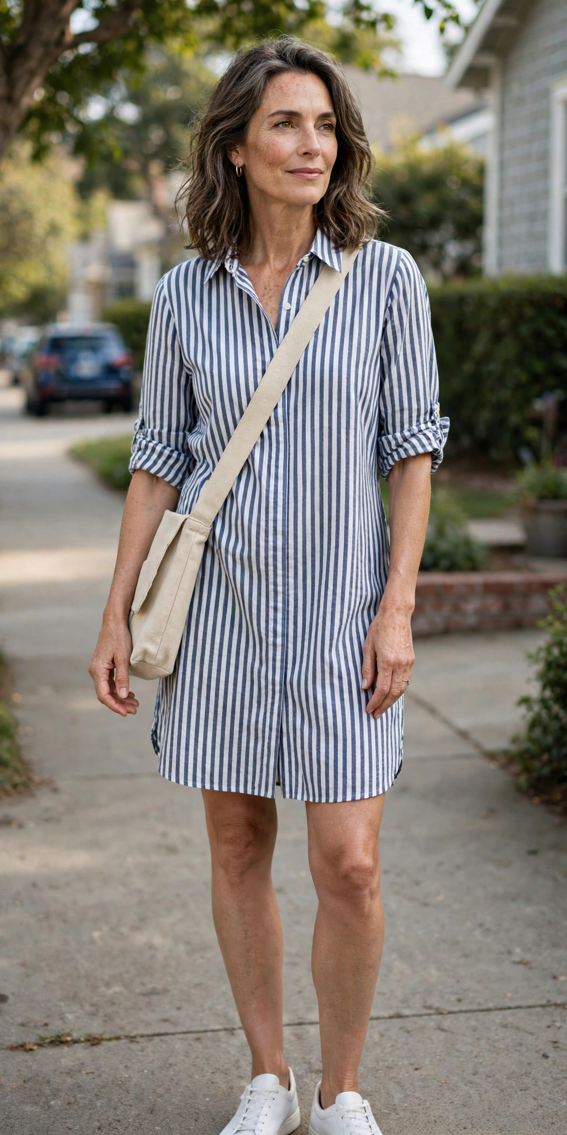 Woman over 50 in a striped shirt dress with white sneakers for the weekend