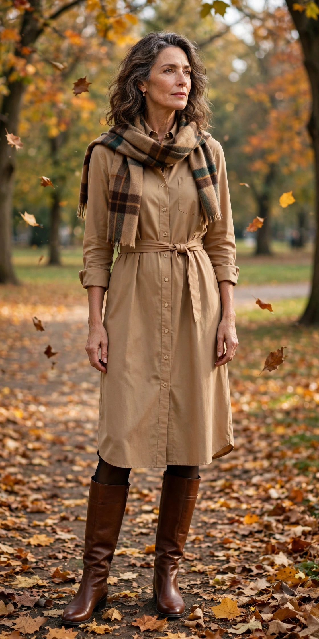 Woman over 50 in a camel midi shirt dress with tights and knee-high boots for fall