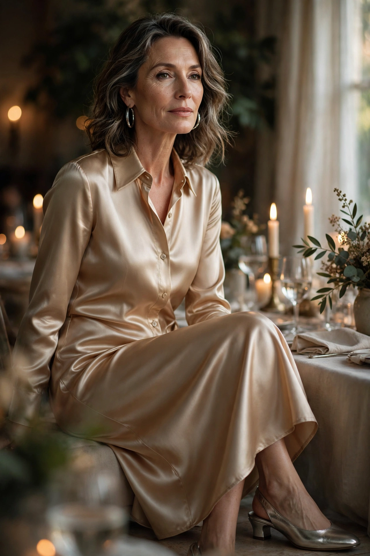 Woman over 50 in a champagne satin shirt dress with silver jewelry for evening