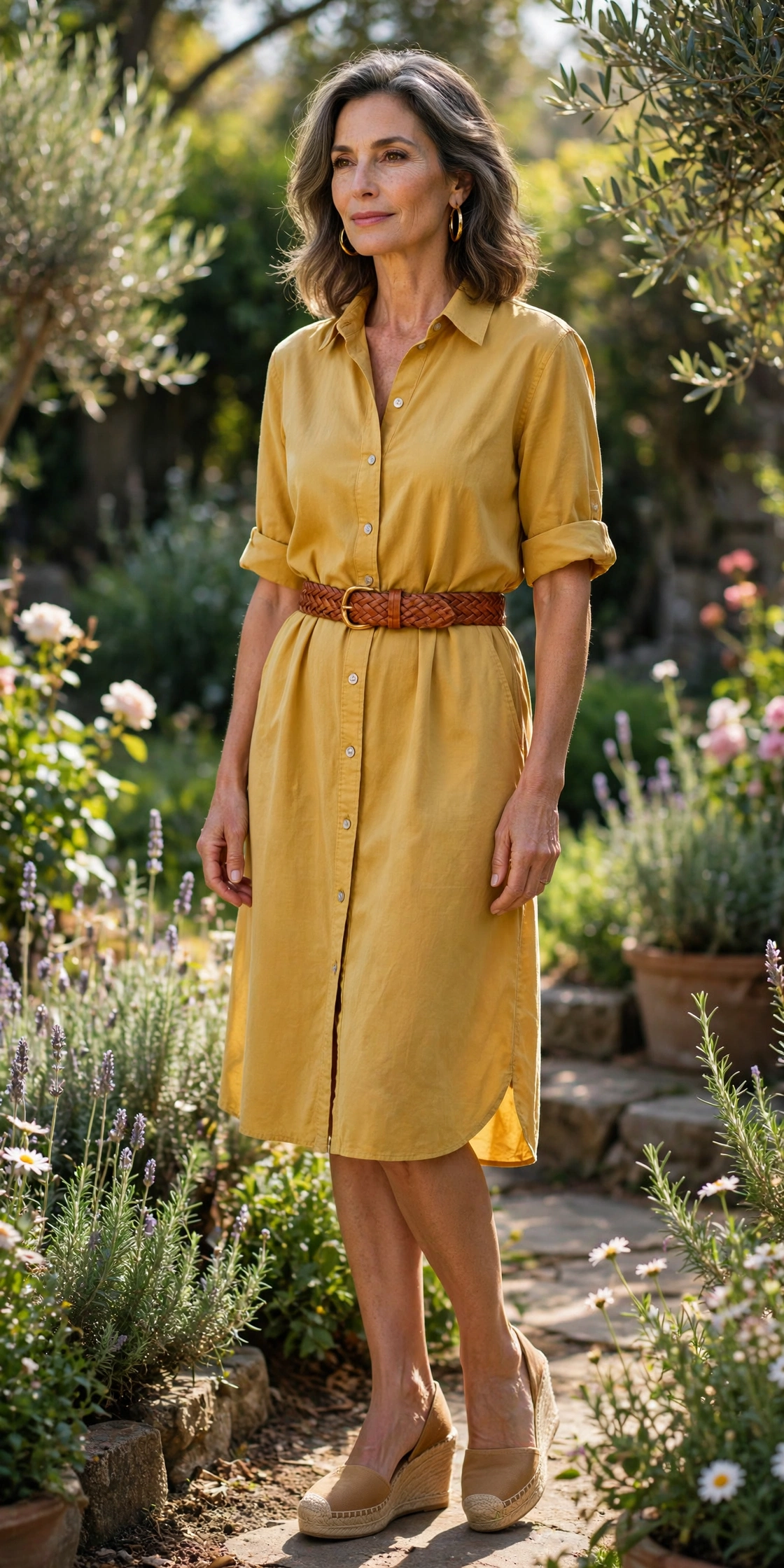 Woman over 50 in a mustard yellow shirt dress with espadrille wedges