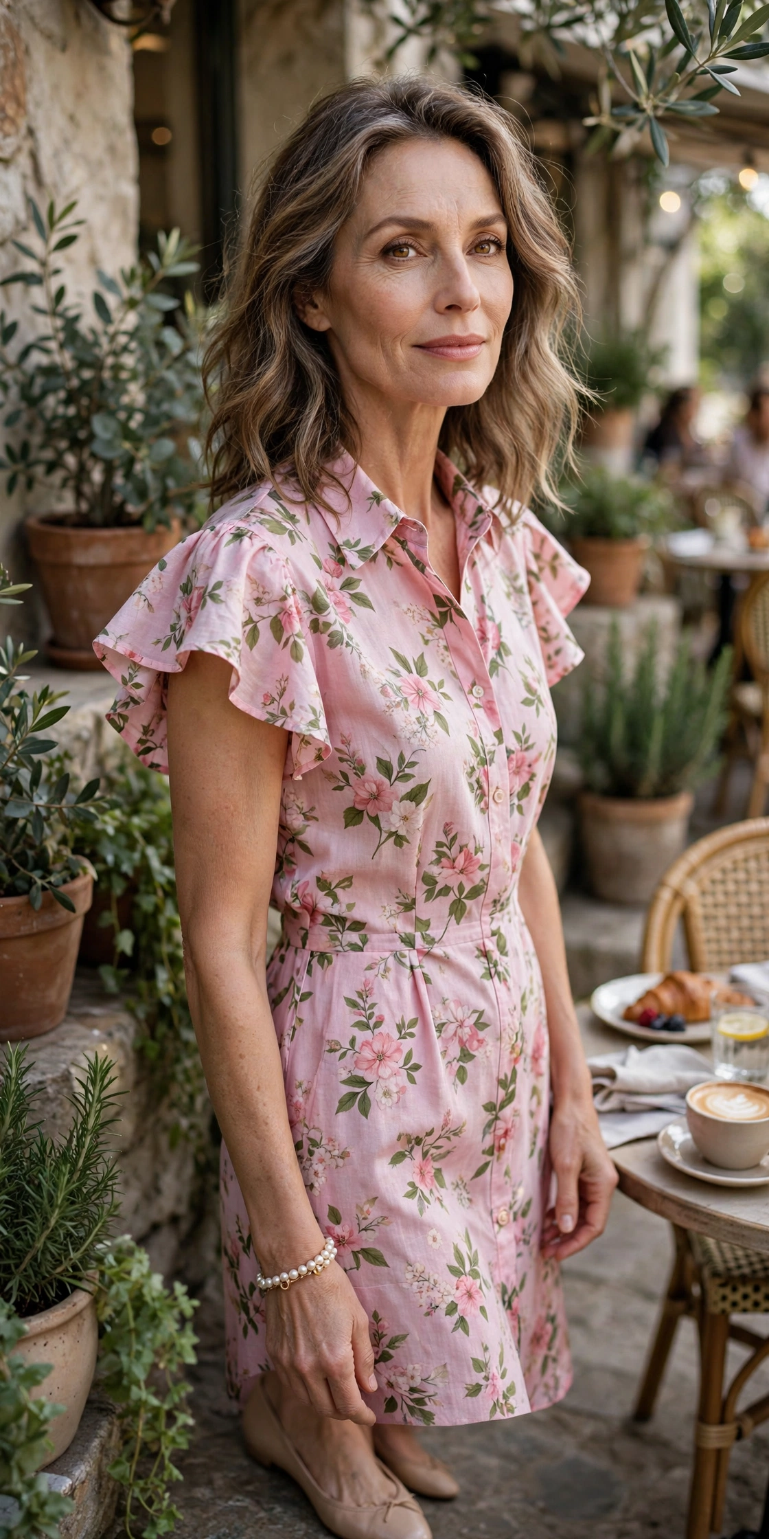 Woman over 50 in a pink floral shirt dress with ballet flats at brunch