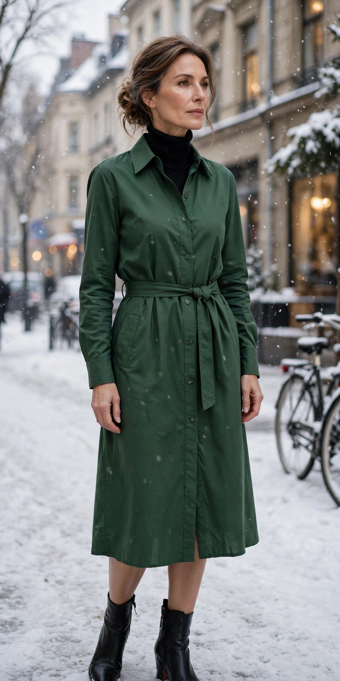 Woman over 50 layering a shirt dress over a black turtleneck in winter