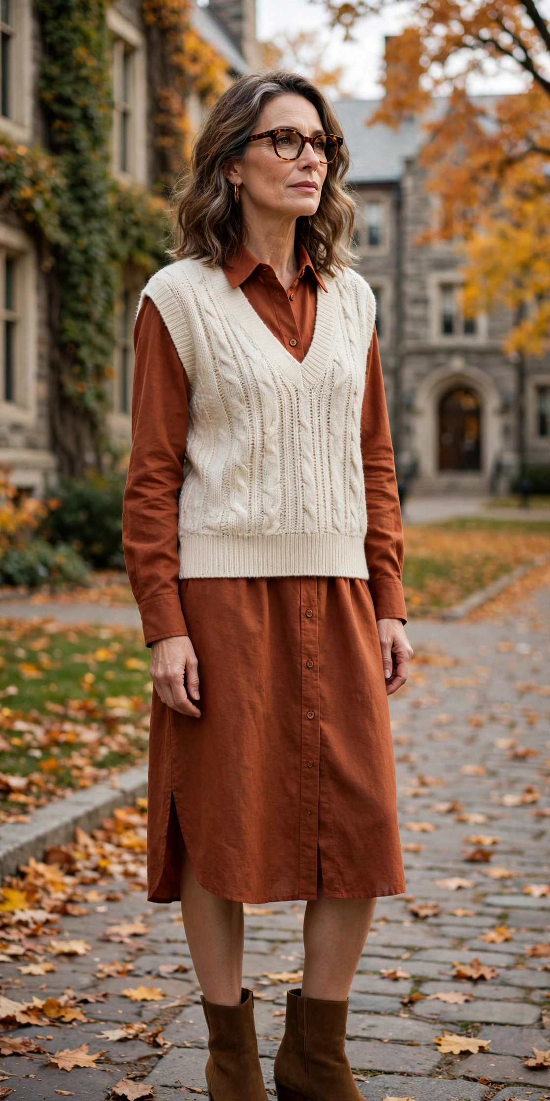 Woman over 50 in a rust shirt dress with a cream sweater vest for fall