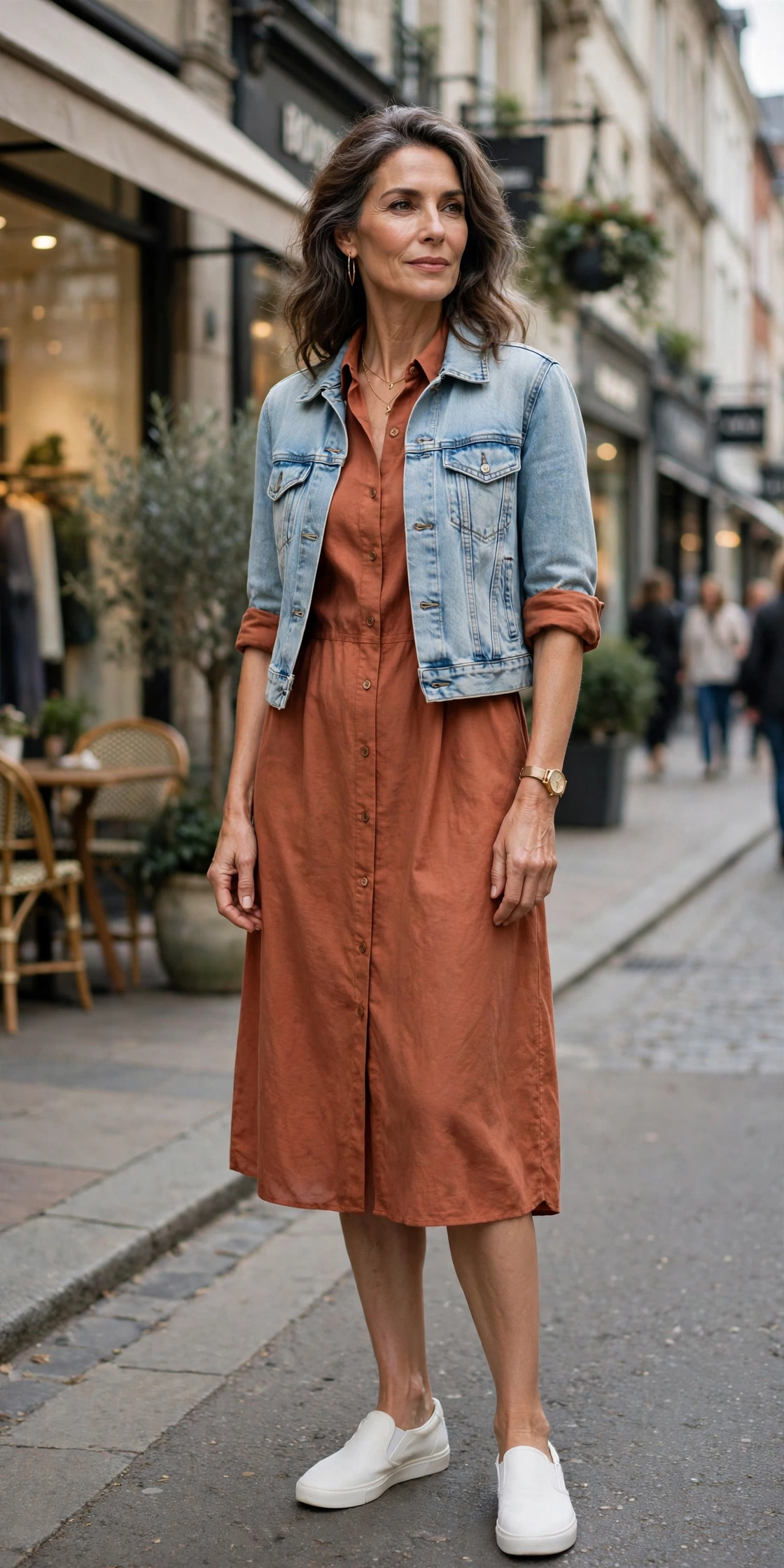 Woman over 50 in a terracotta shirt dress with a cropped denim jacket