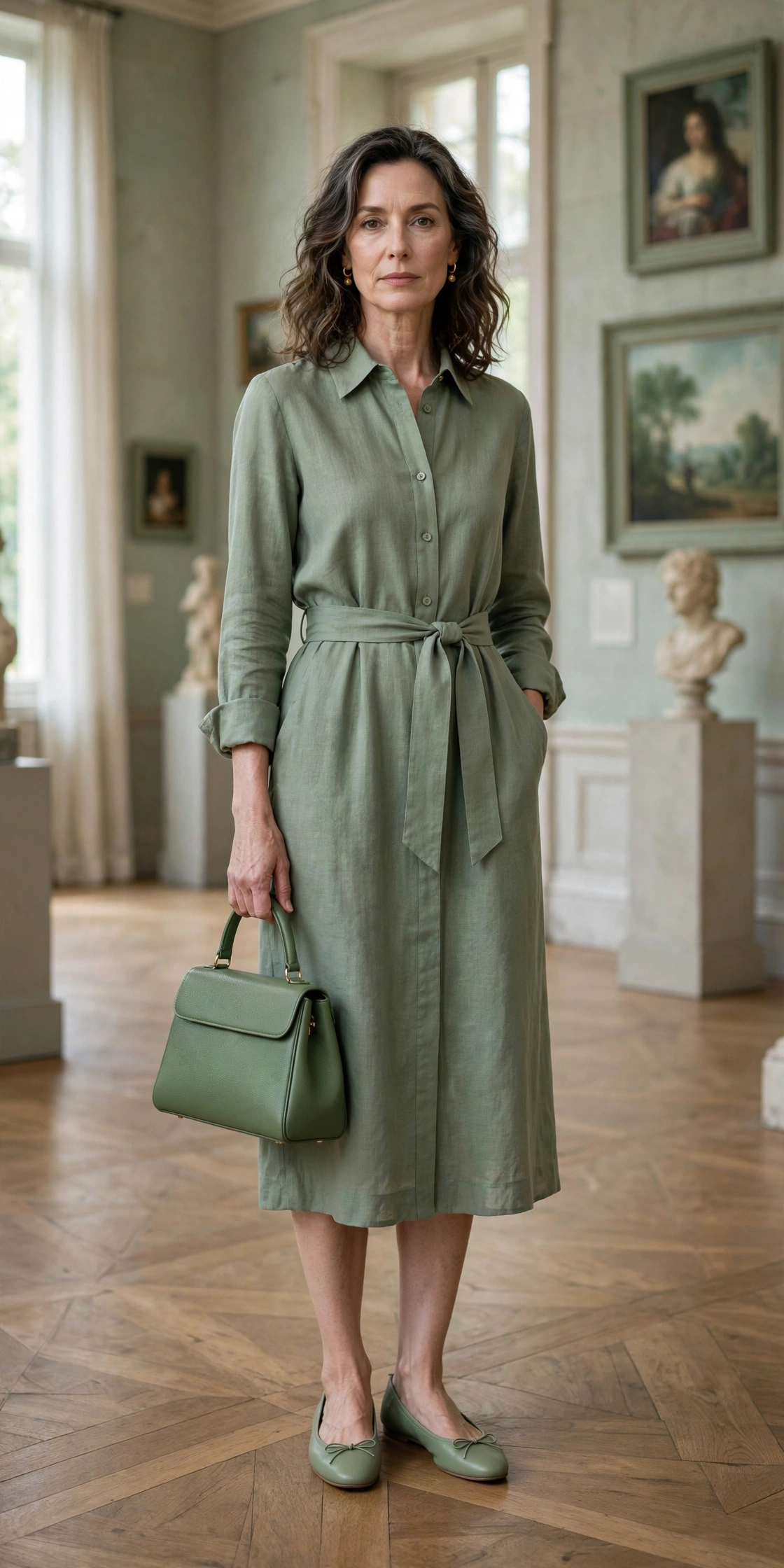 Woman over 50 in a monochrome sage green shirt dress outfit