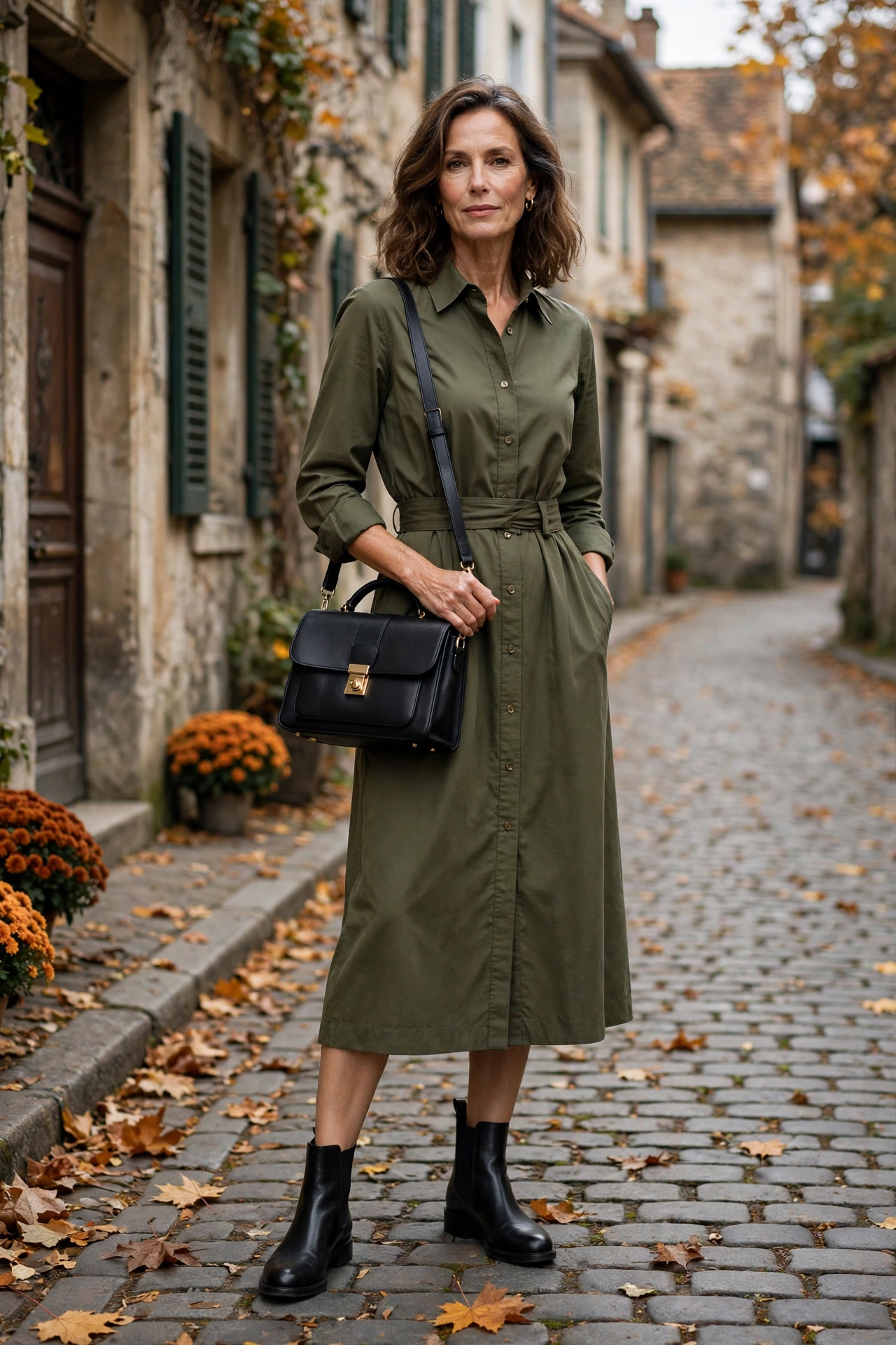 Woman over 50 in an olive midi shirt dress with black Chelsea boots