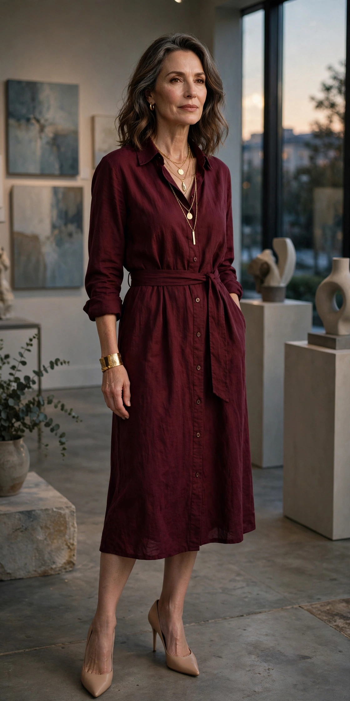 Woman over 50 in a burgundy shirt dress with layered gold jewelry for evening