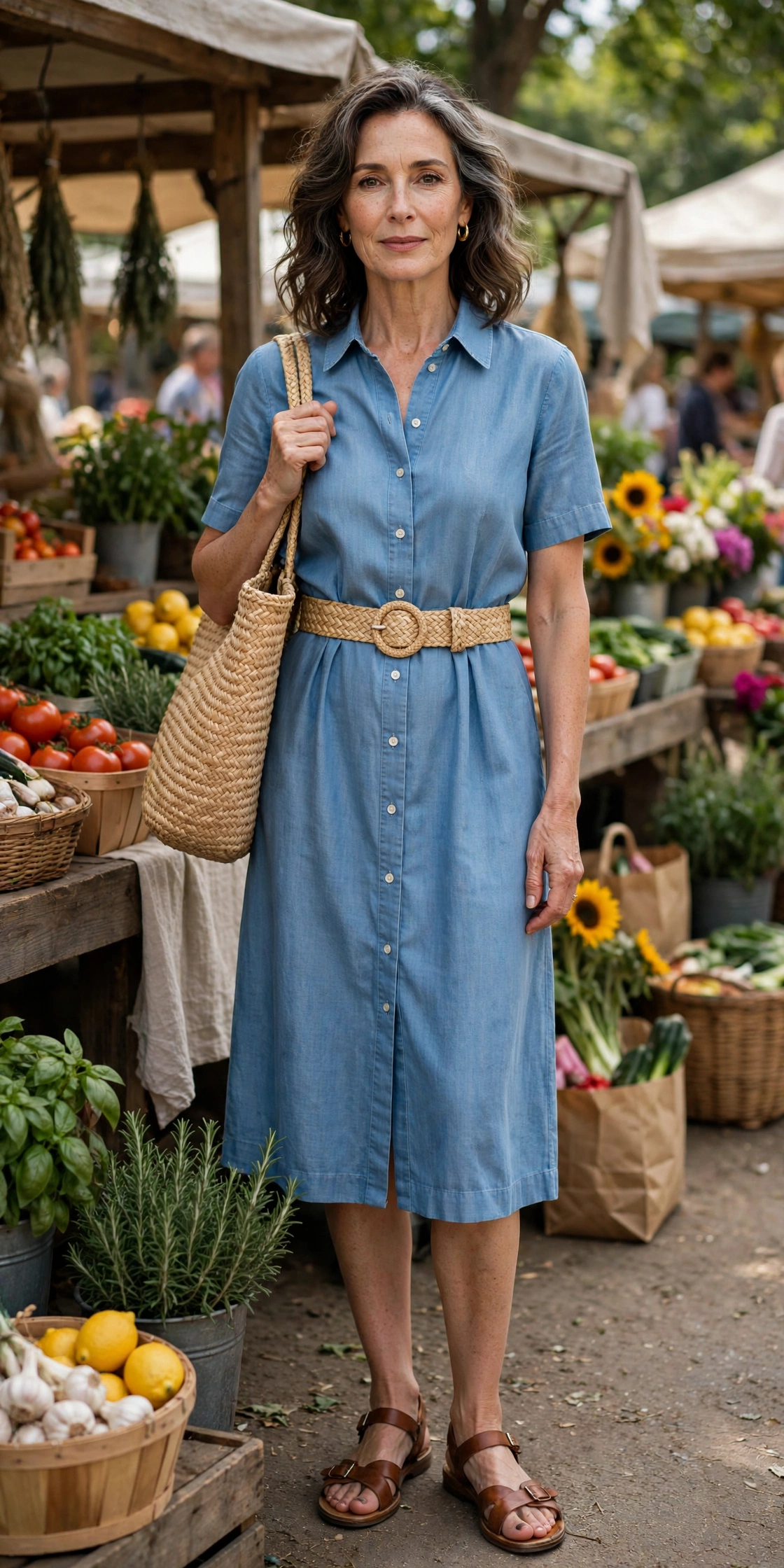 Woman over 50 in a chambray shirt dress with a straw belt at the market