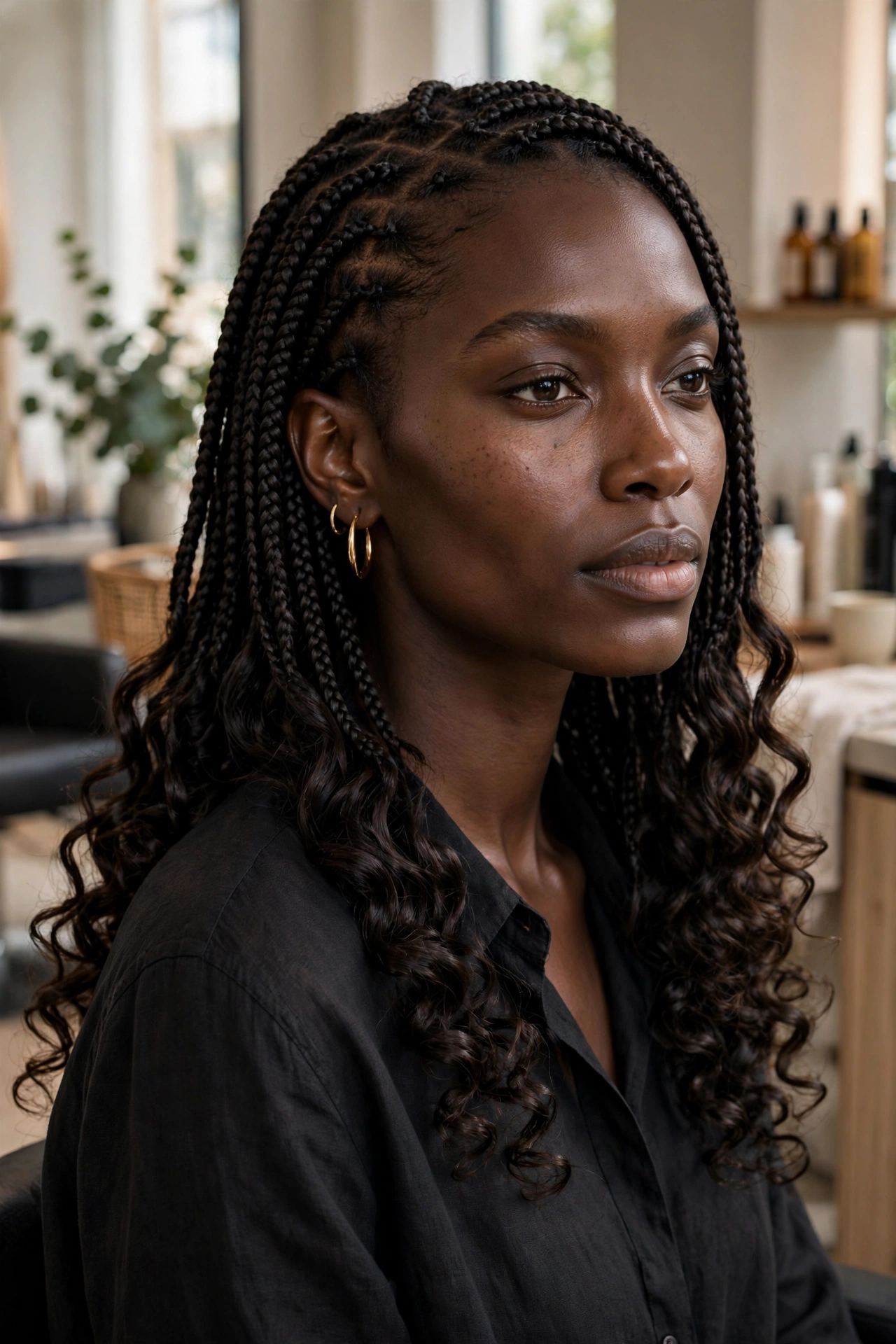 Black woman with trendy braided hairstyle: french curl braids