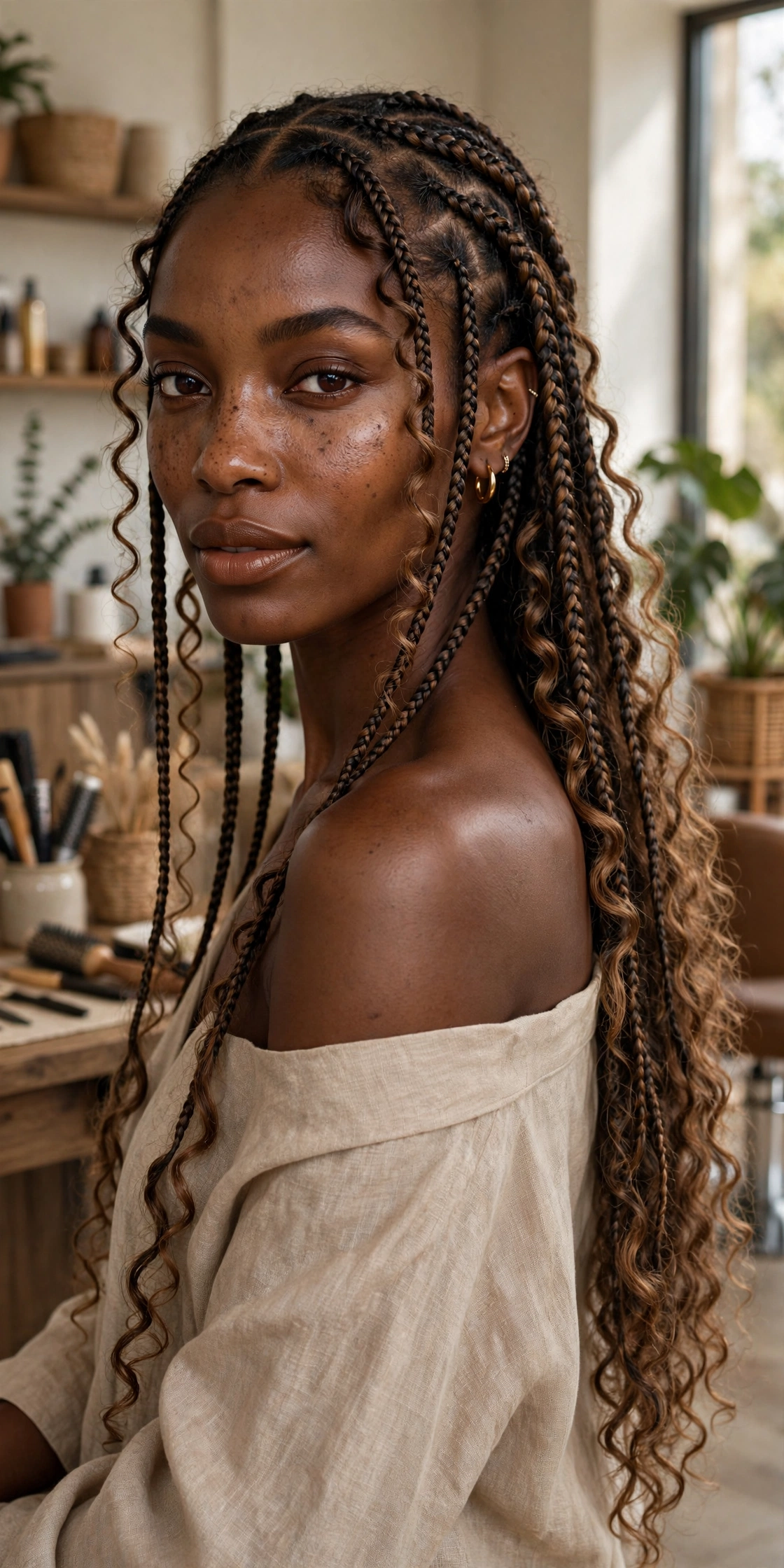 Black woman with trendy braided hairstyle: boho braids with human hair curls