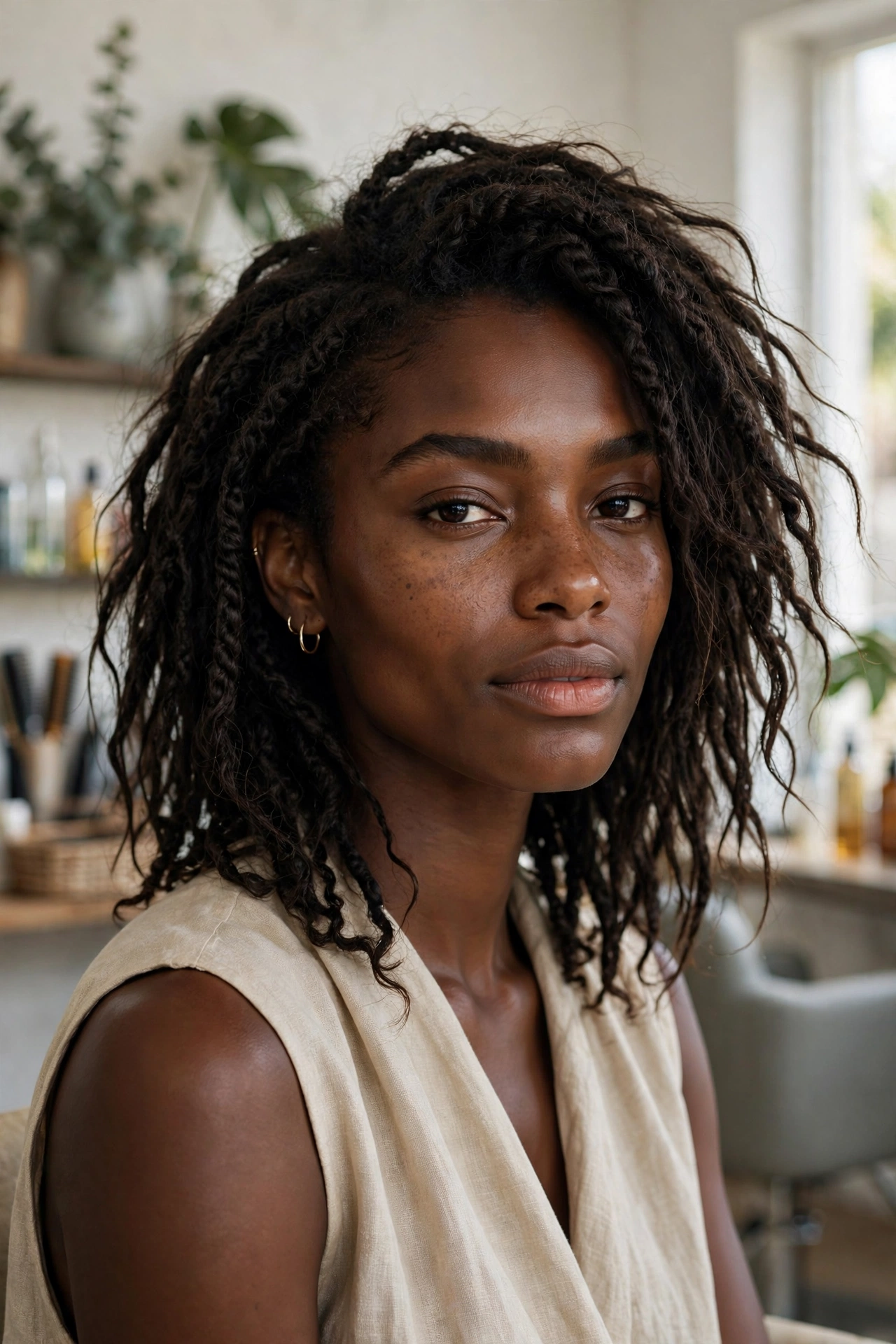 Black woman with trendy braided hairstyle: island twist braids