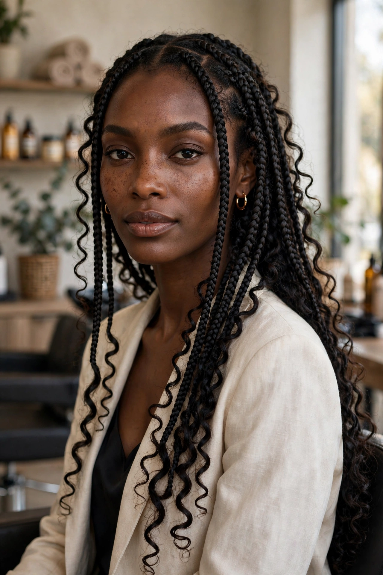 Black woman with trendy braided hairstyle: knotless braids with curly pieces