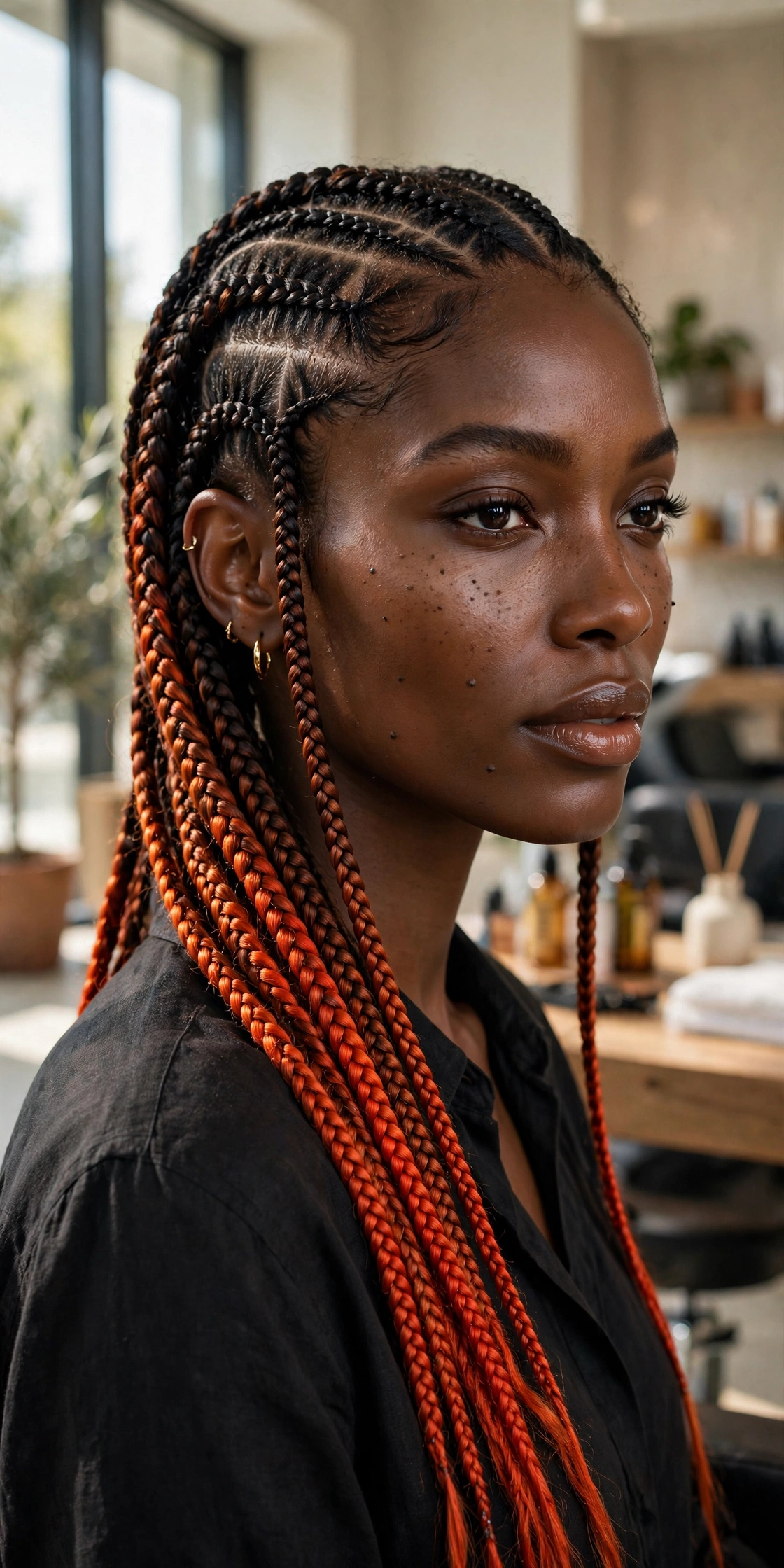Black woman with trendy braided hairstyle: copper ombre stitch braids