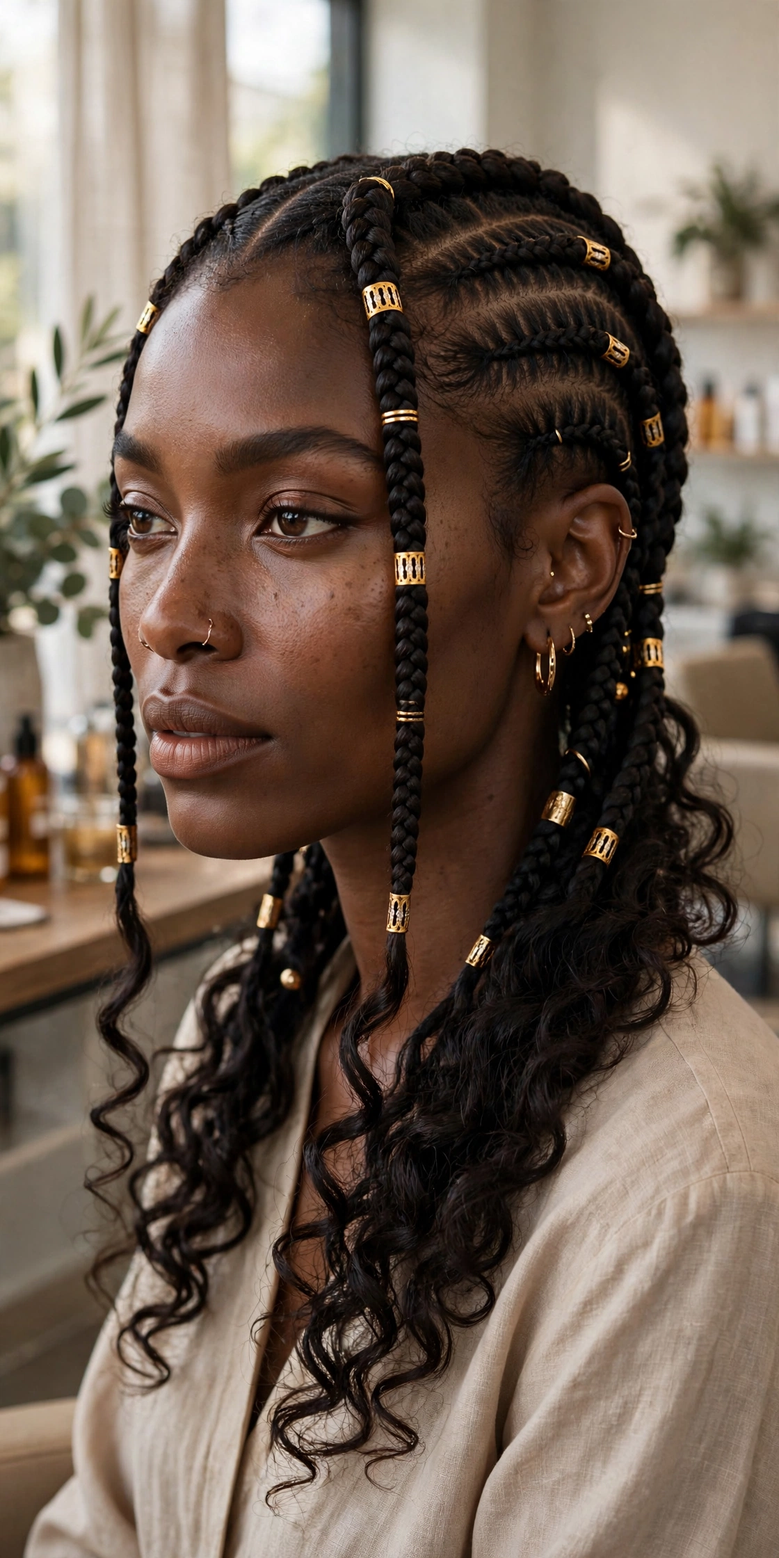Black woman with trendy braided hairstyle: fulani braids with curls