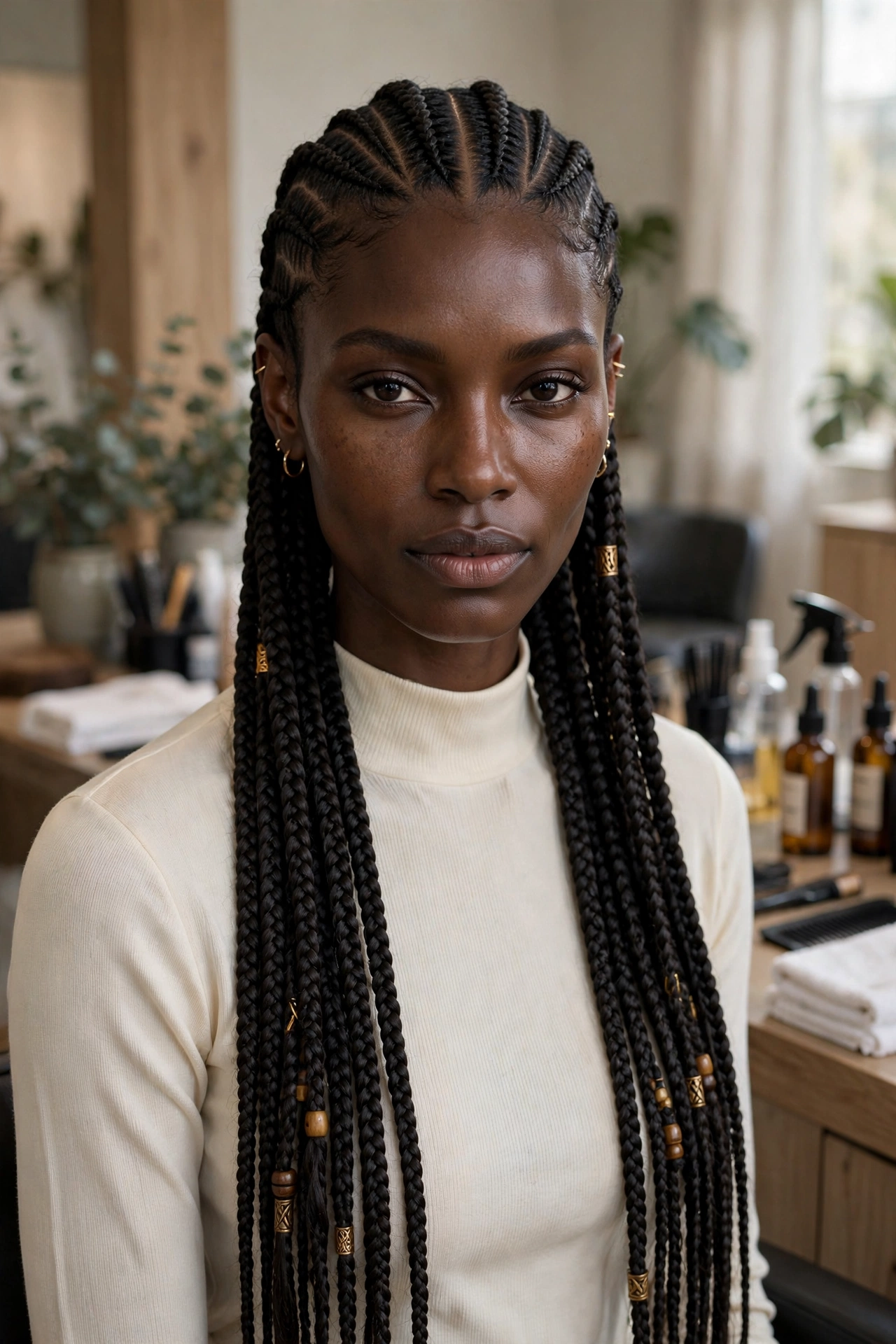 Black woman with trendy braided hairstyle: sleek middle part tribal braids