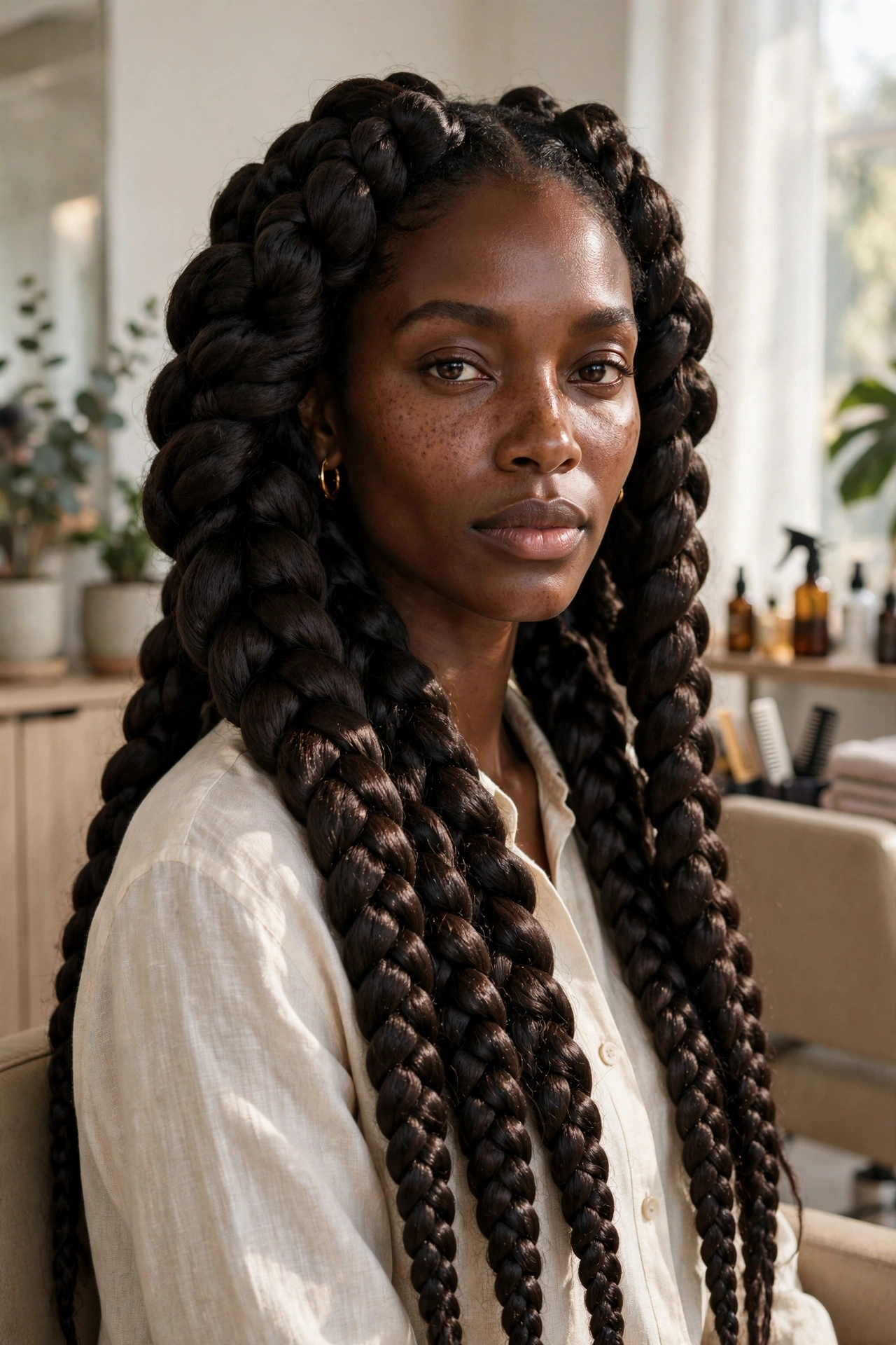Black woman with trendy braided hairstyle: jumbo knotless braids