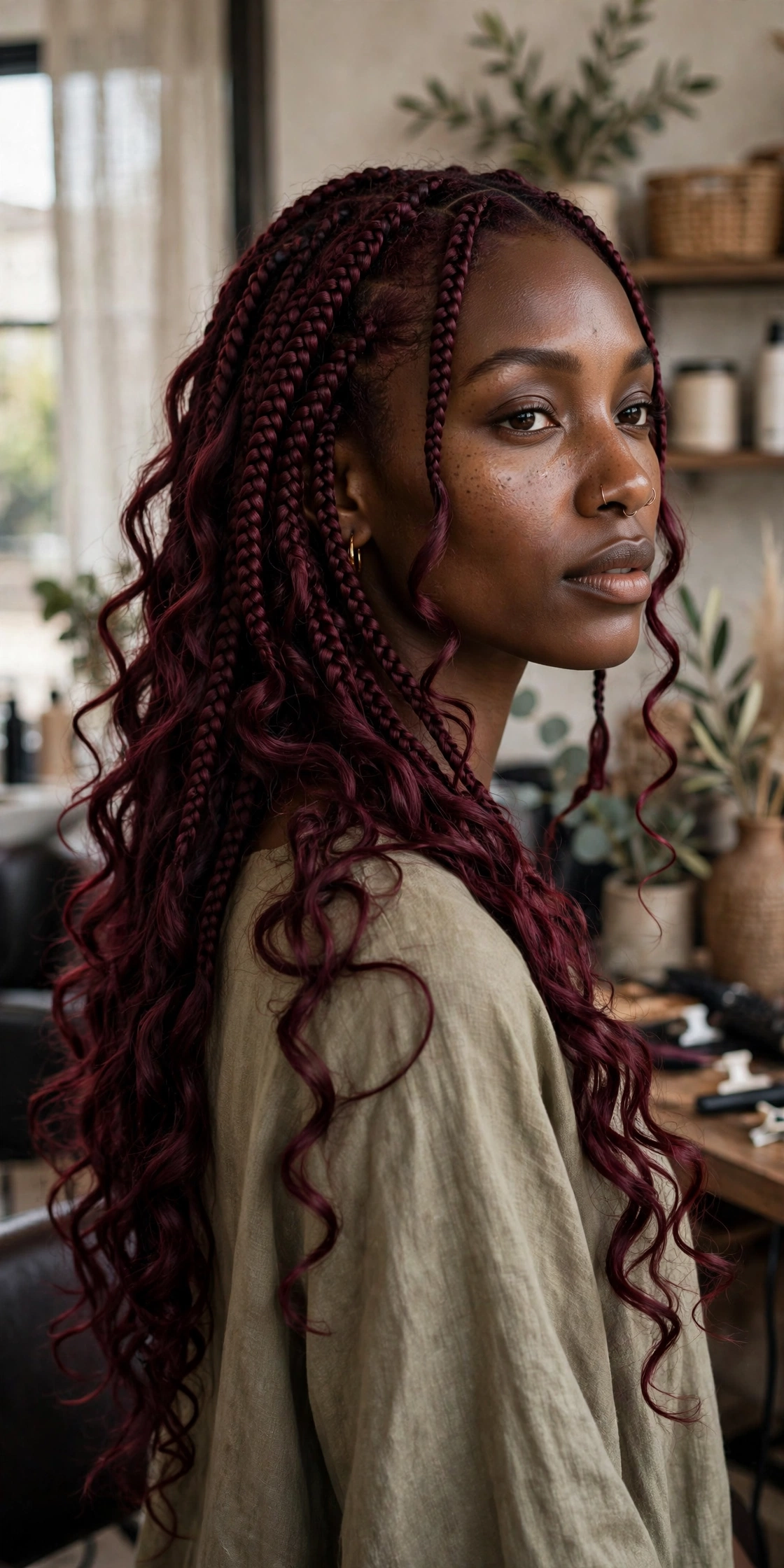 Black woman with trendy braided hairstyle: burgundy boho braids