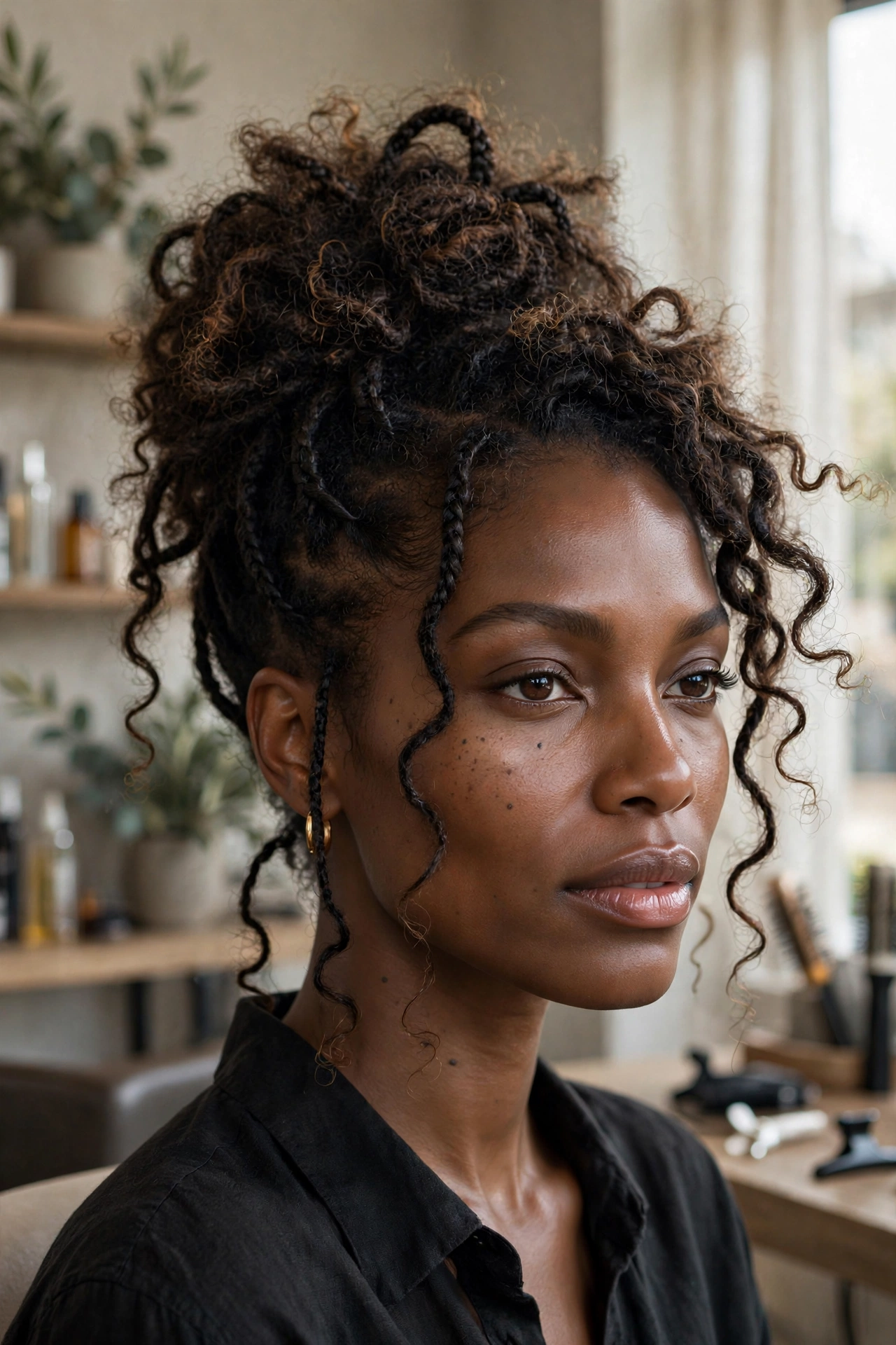 Black woman with trendy braided hairstyle: butterfly braids updo