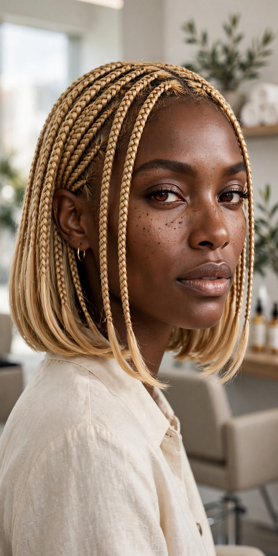 Black woman with trendy braided hairstyle: honey blonde knotless bob