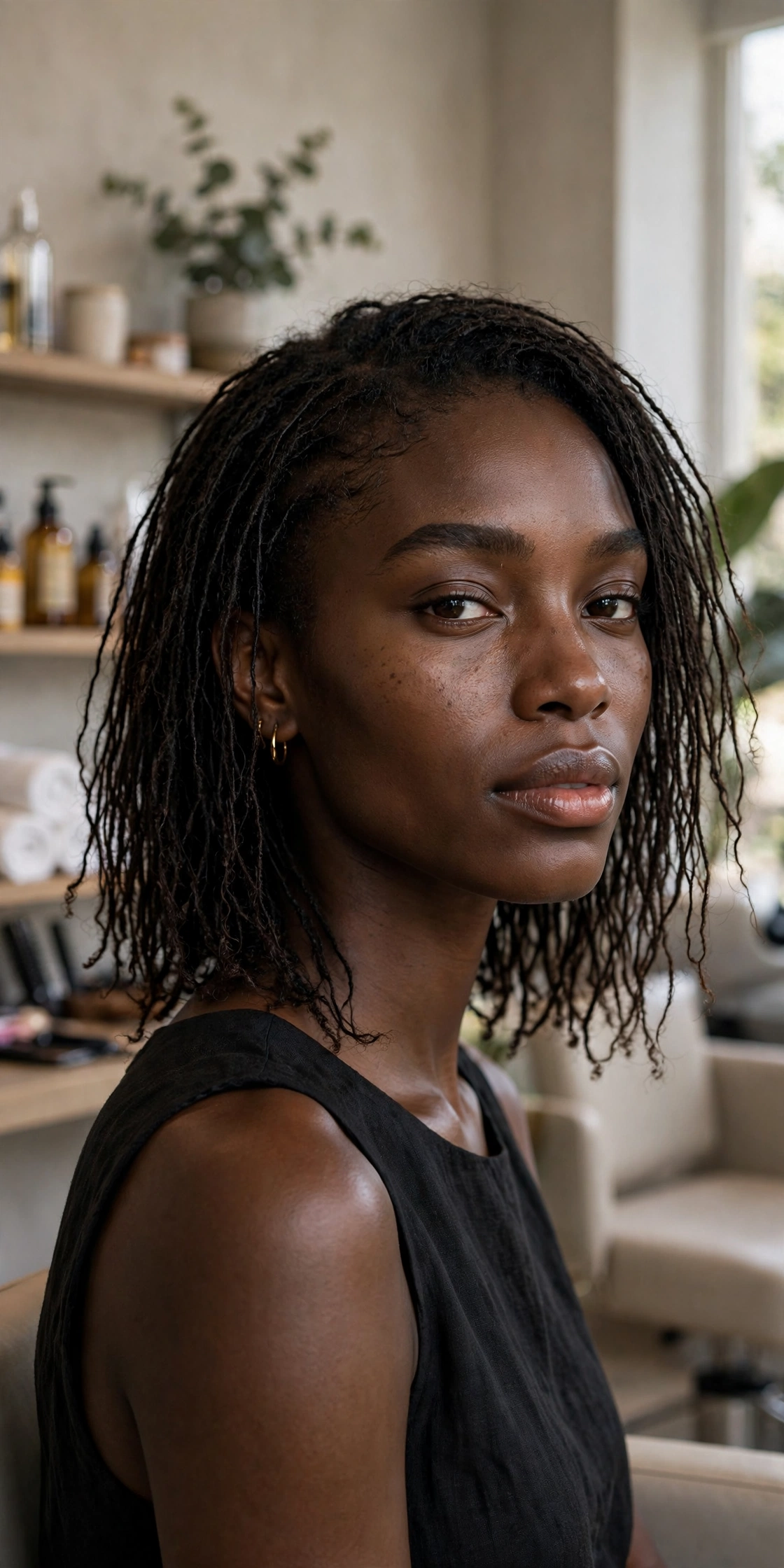 Black woman with trendy braided hairstyle: invisible locs
