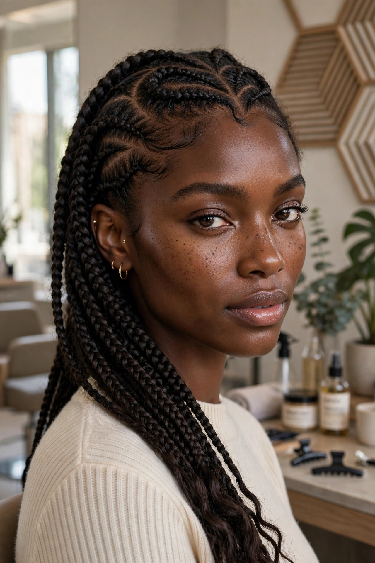 Black woman with trendy braided hairstyle: feed in braids with heart design