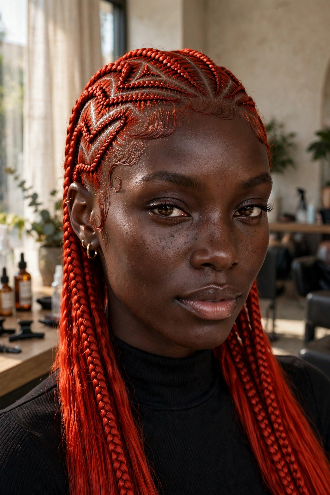Black woman with trendy braided hairstyle: fiery red stitch braids