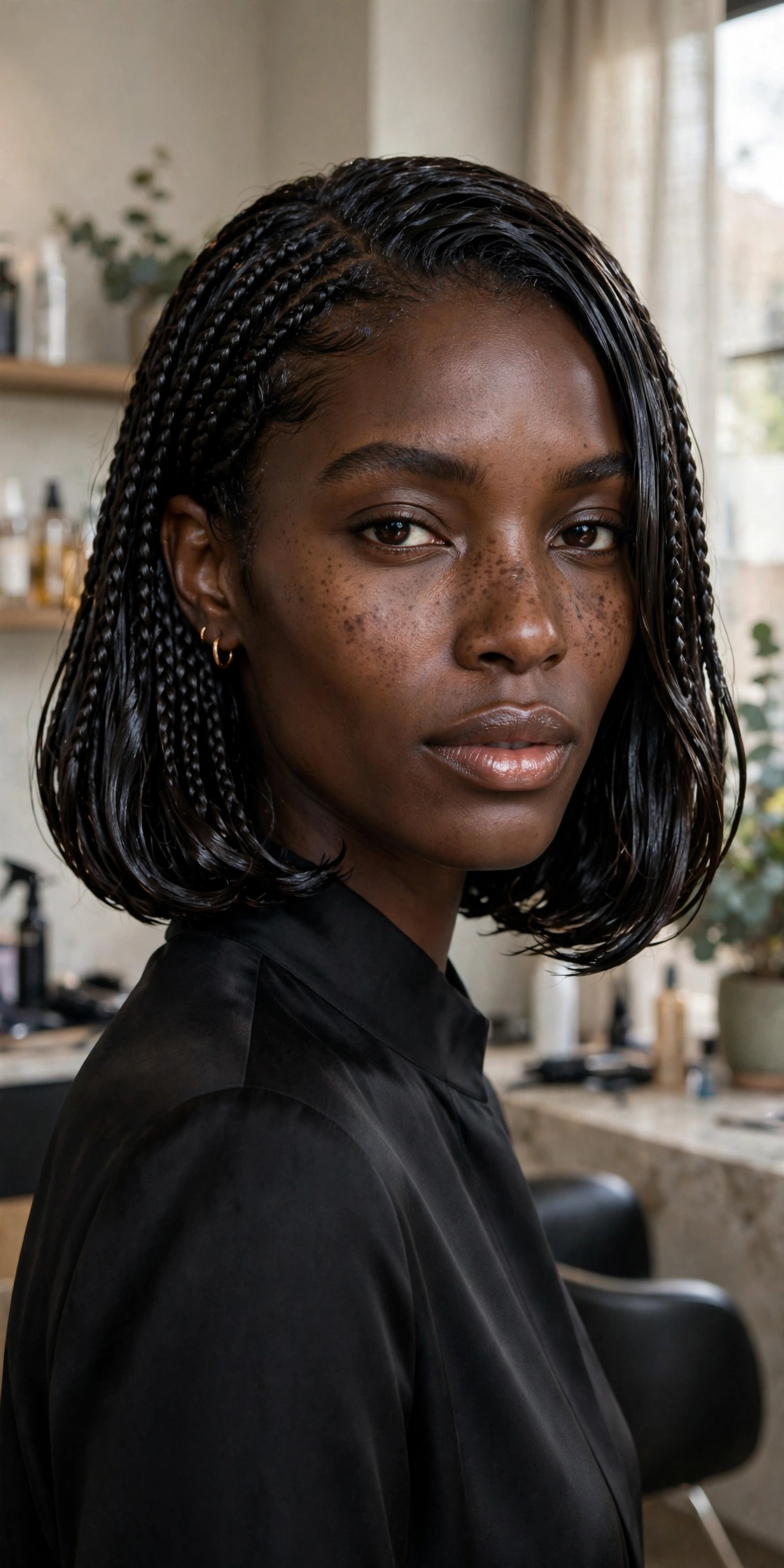 Black woman with trendy braided hairstyle: wet look braided bob