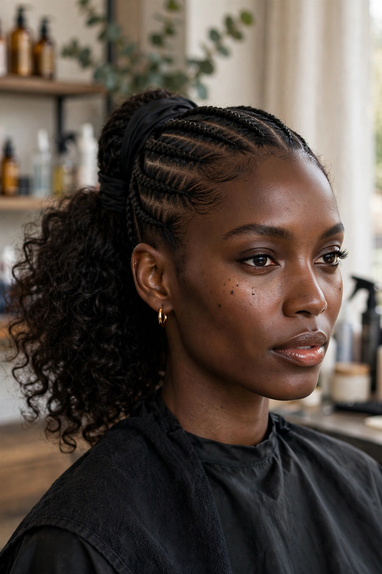 Black woman with trendy braided hairstyle: cornrows with curly ponytail