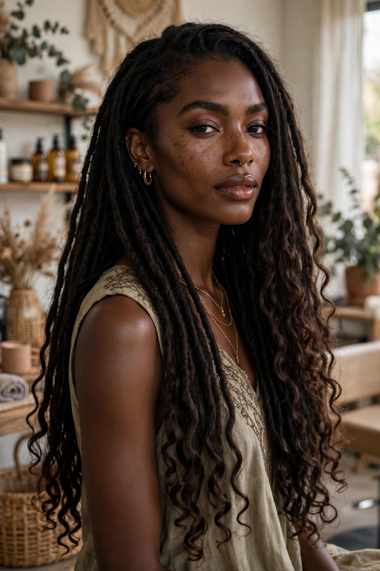 Black woman with trendy braided hairstyle: goddess faux locs