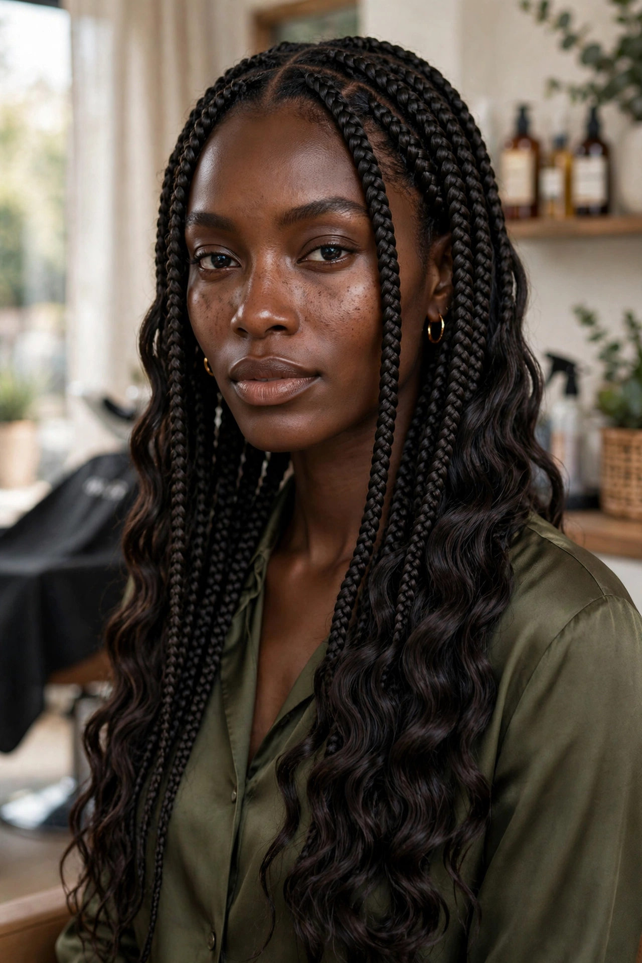 Black woman with trendy braided hairstyle: deep wave braids