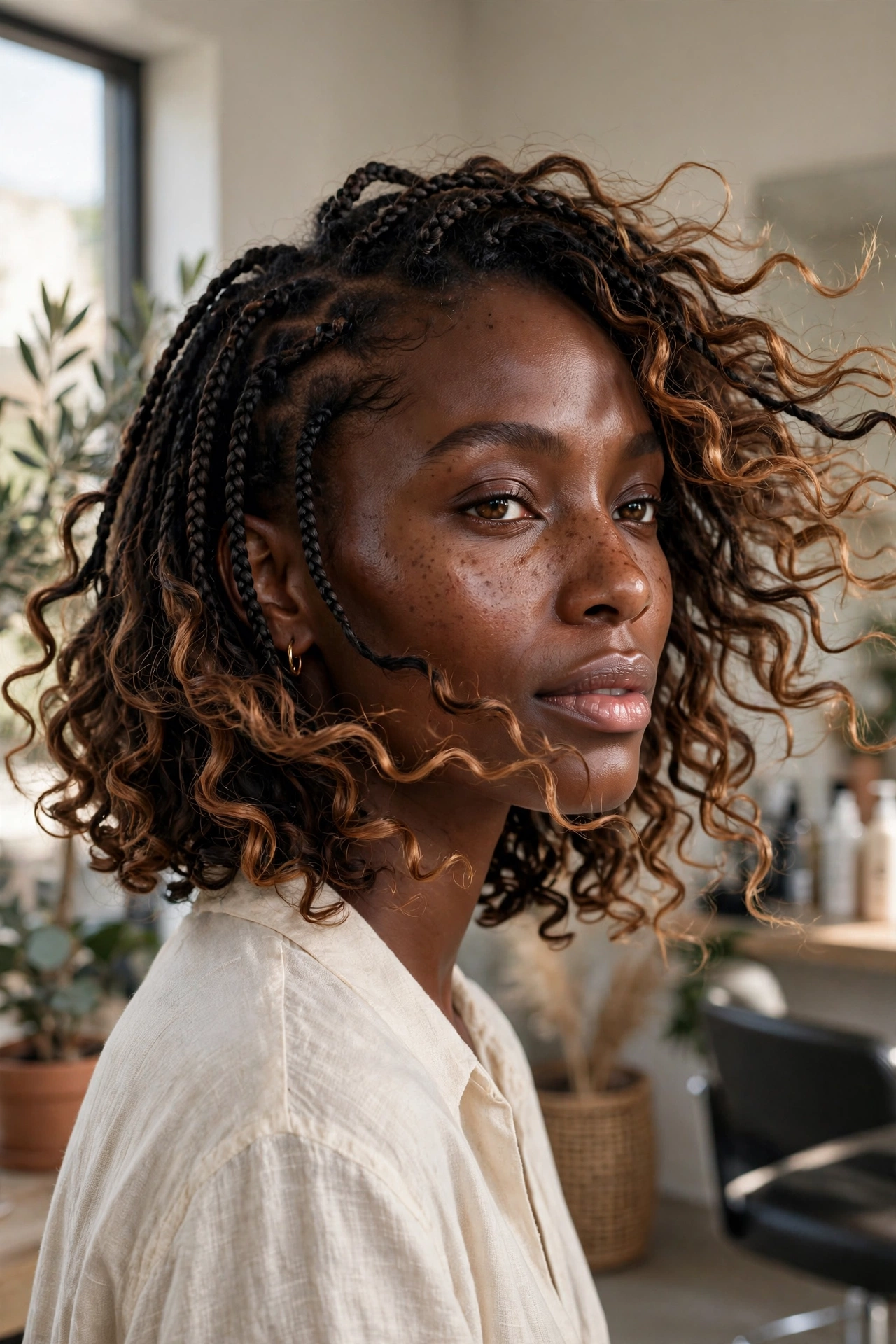 Black woman with trendy braided hairstyle: short knotless boho bob