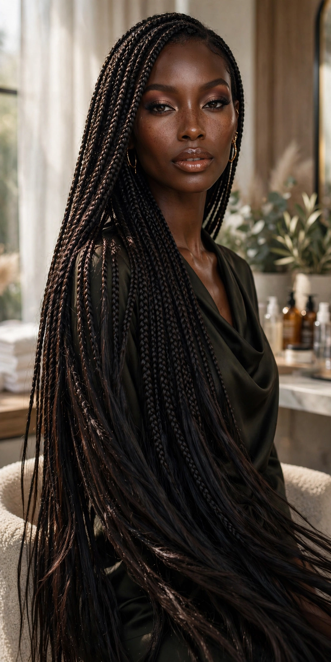 Black woman with trendy braided hairstyle: extra long waist length braids