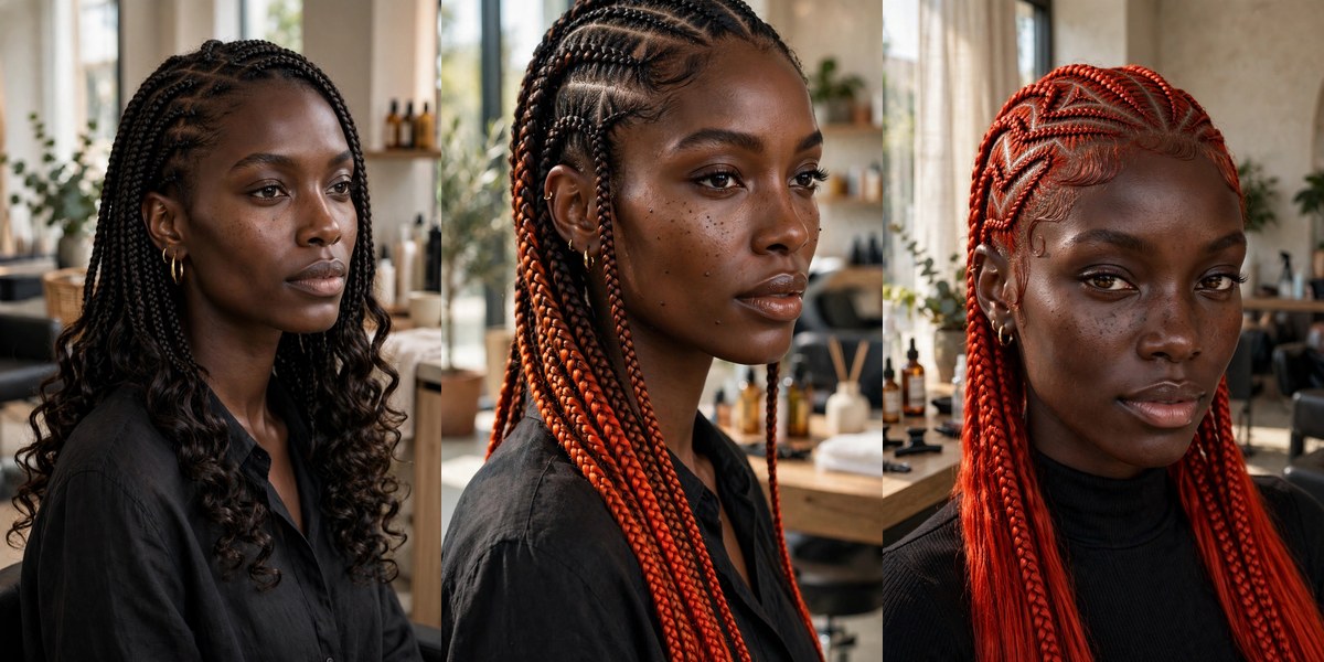 Trendy braided hairstyles for Black women collage: French curls, copper ombre, fiery red