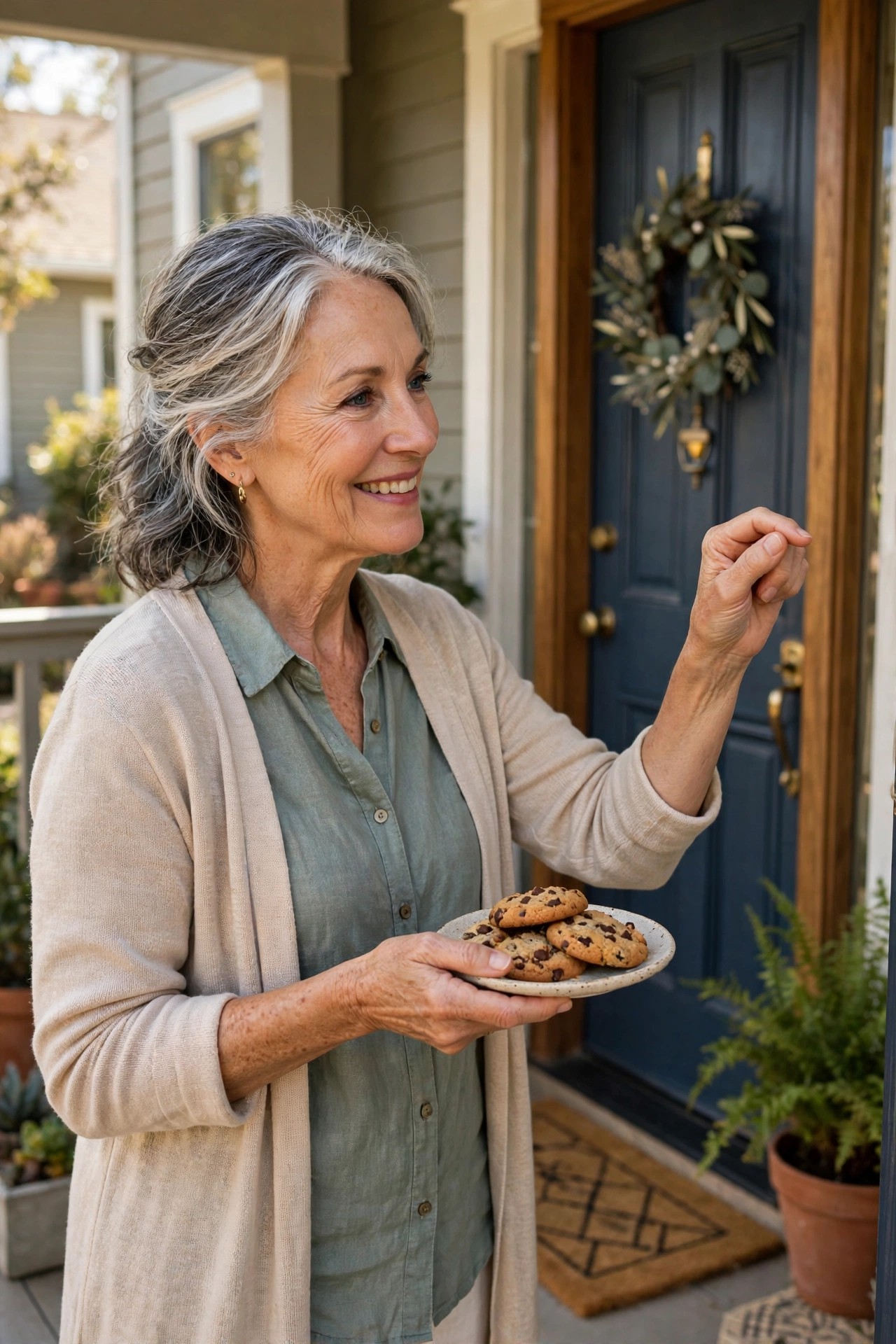 Woman in her 60s knocking on a neighbor's front door with a plate of homemade cookies