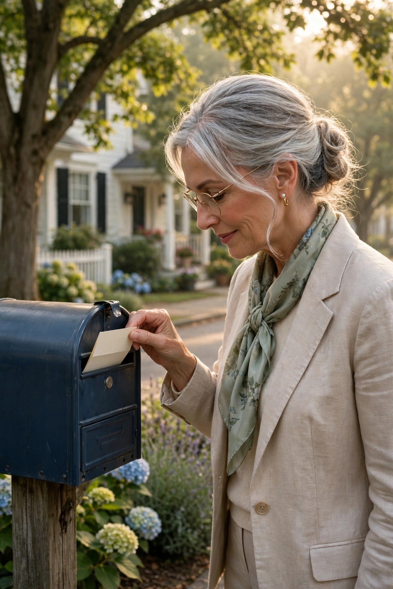 Woman in her 60s placing a handwritten hello note in a neighbor's mailbox