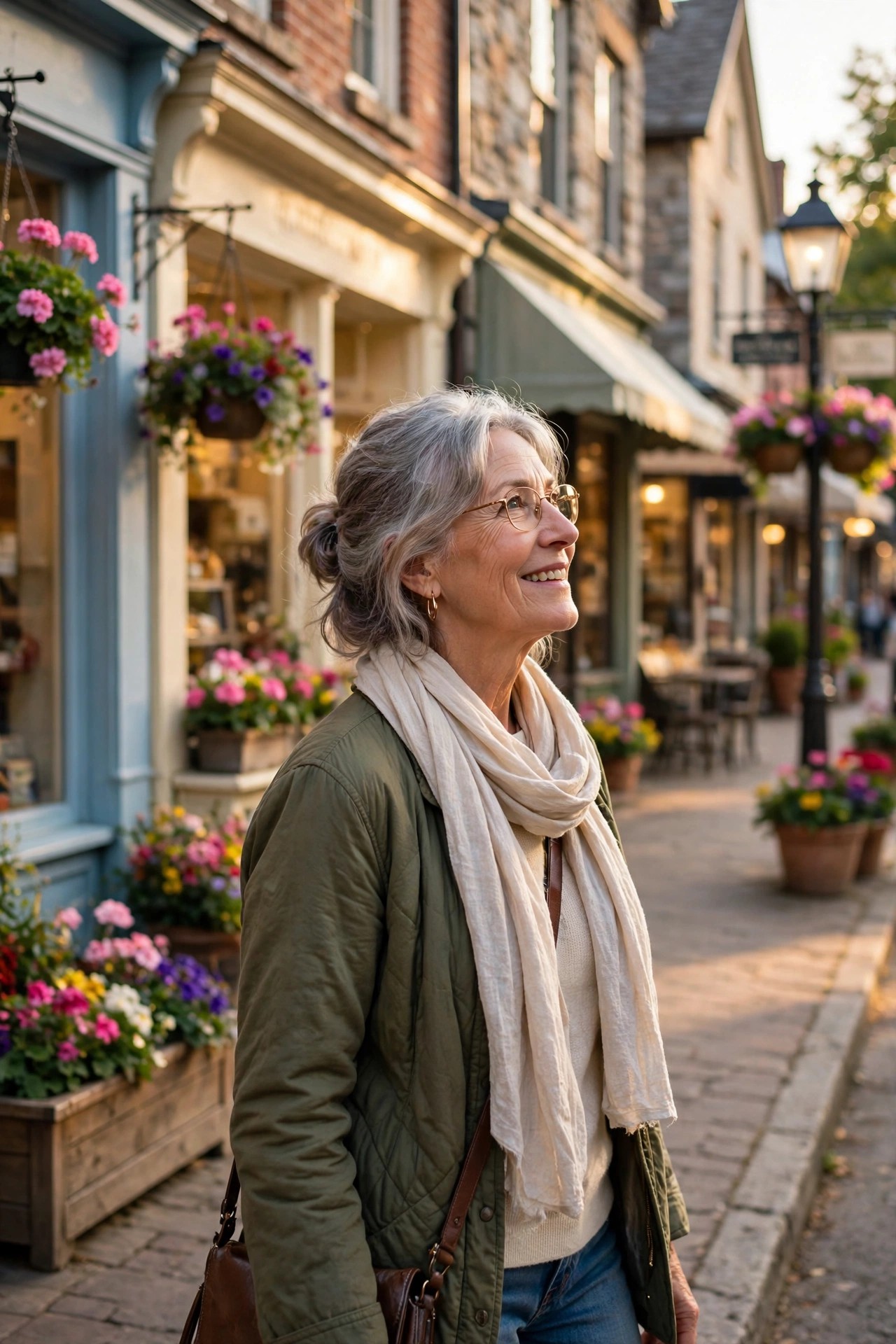 Woman in her 60s happily exploring a charming small-town main street with shops
