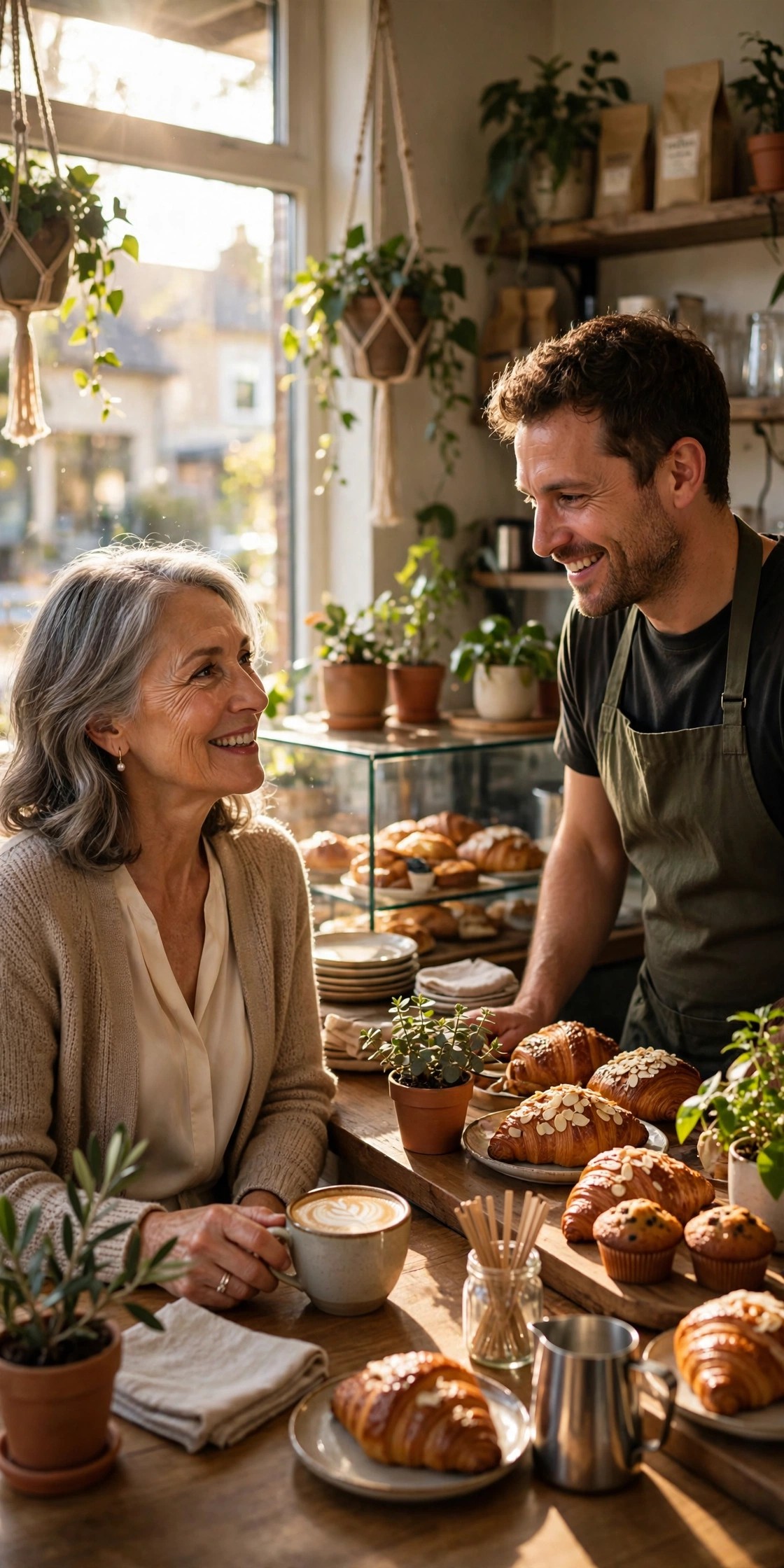 Woman in her 60s chatting warmly with a barista at her neighborhood cafe