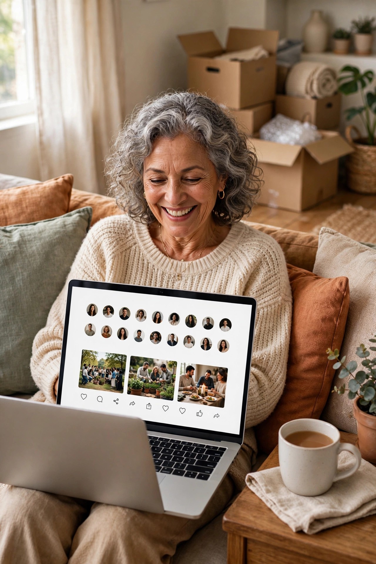 Woman in her 60s smiling on her sofa while browsing a local community group on her laptop