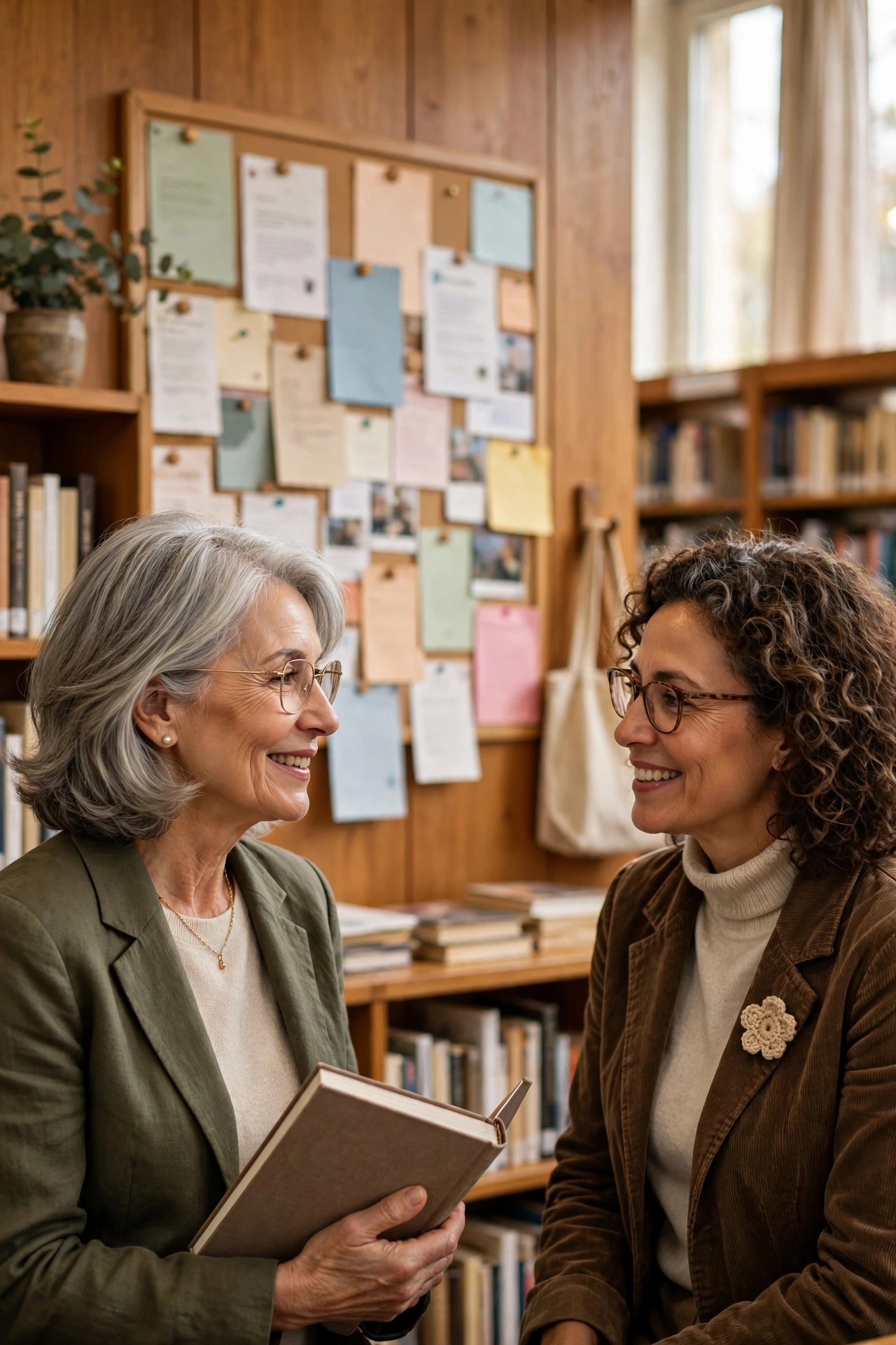 Woman in her 60s talking with a librarian beside a library community notice board