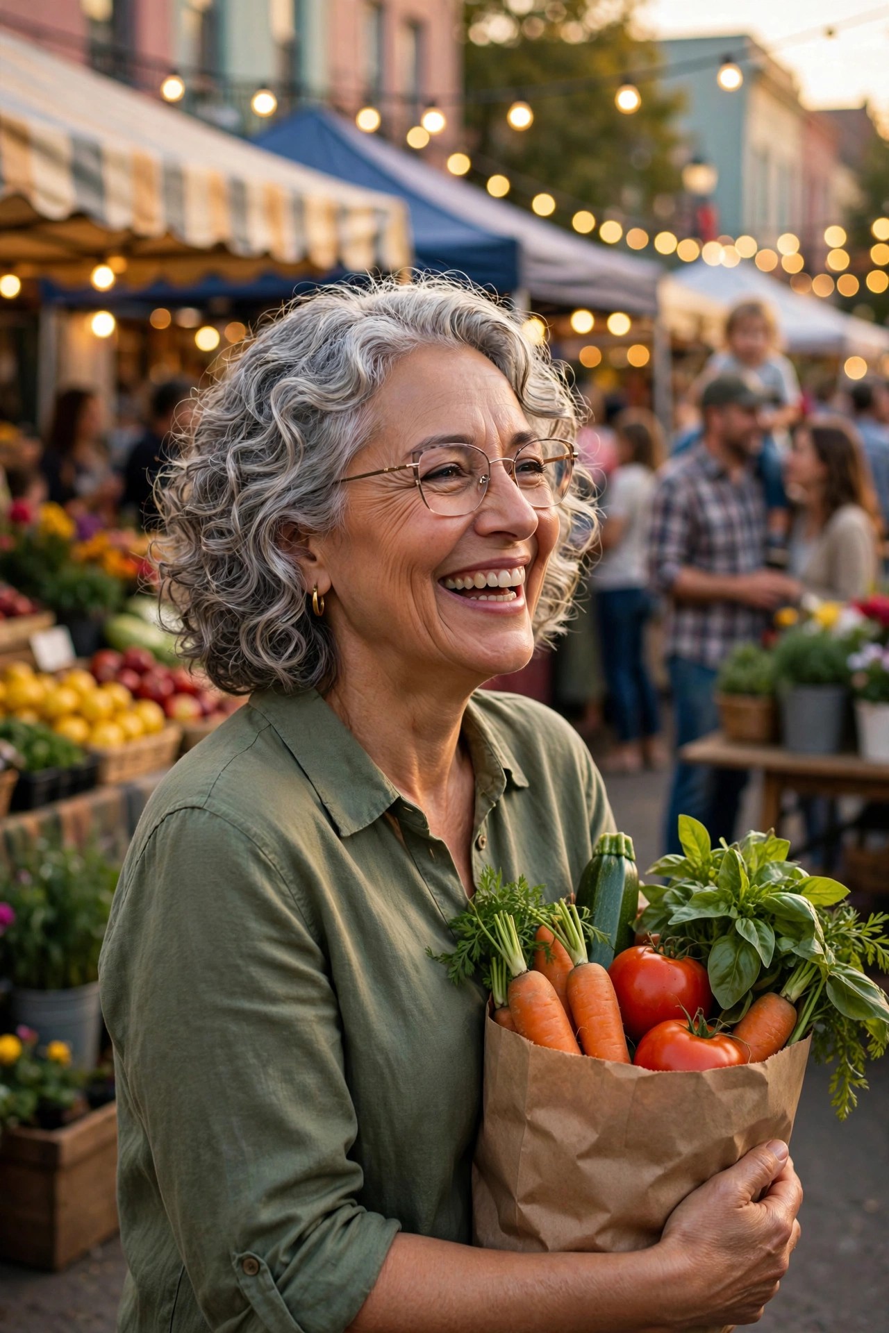 Woman in her 60s enjoying a sunny town farmers market with fresh produce