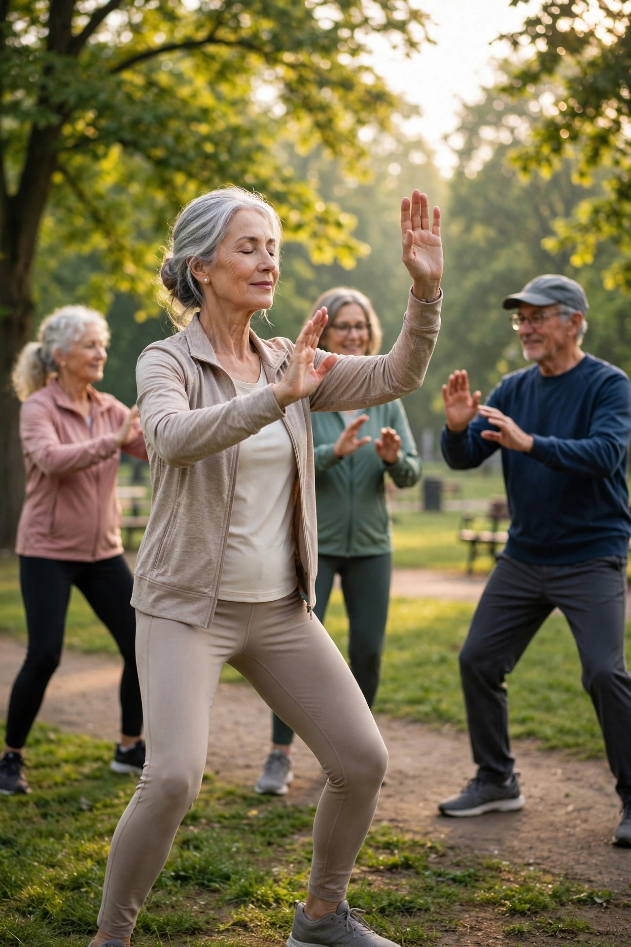 Woman in her 60s doing gentle tai chi with a friendly group in a sunny park