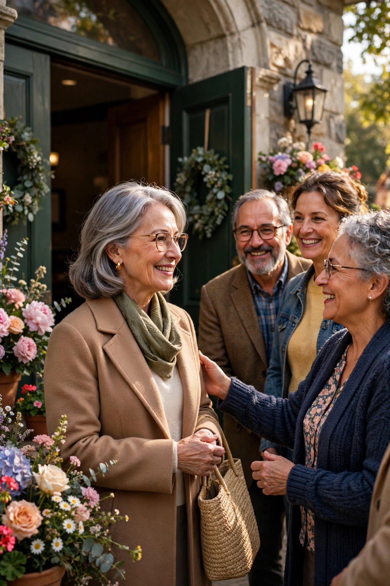 Woman in her 60s warmly welcomed by congregants at a community hall door