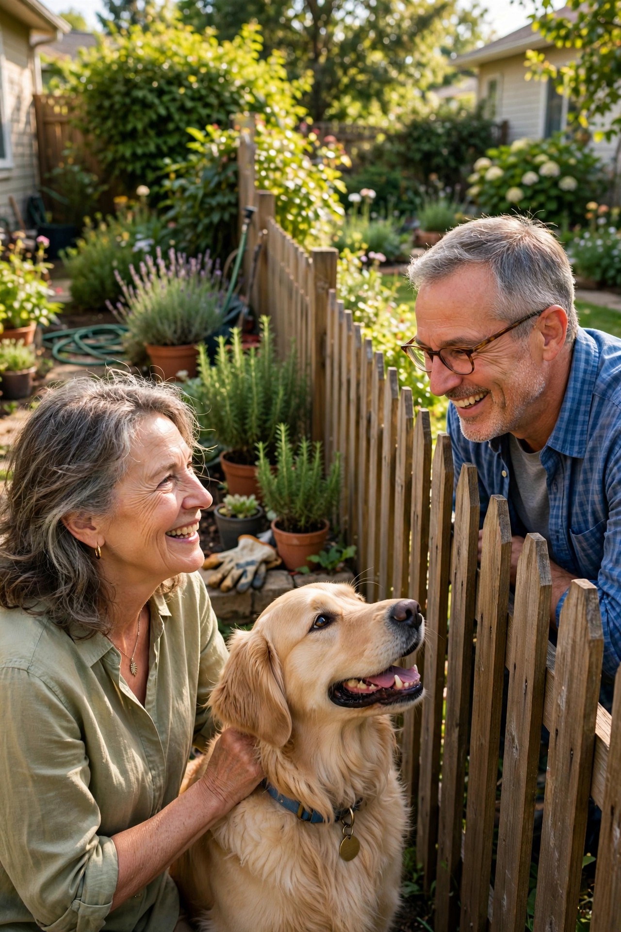 Woman in her 60s chatting over the fence with a neighbor while petting their dog