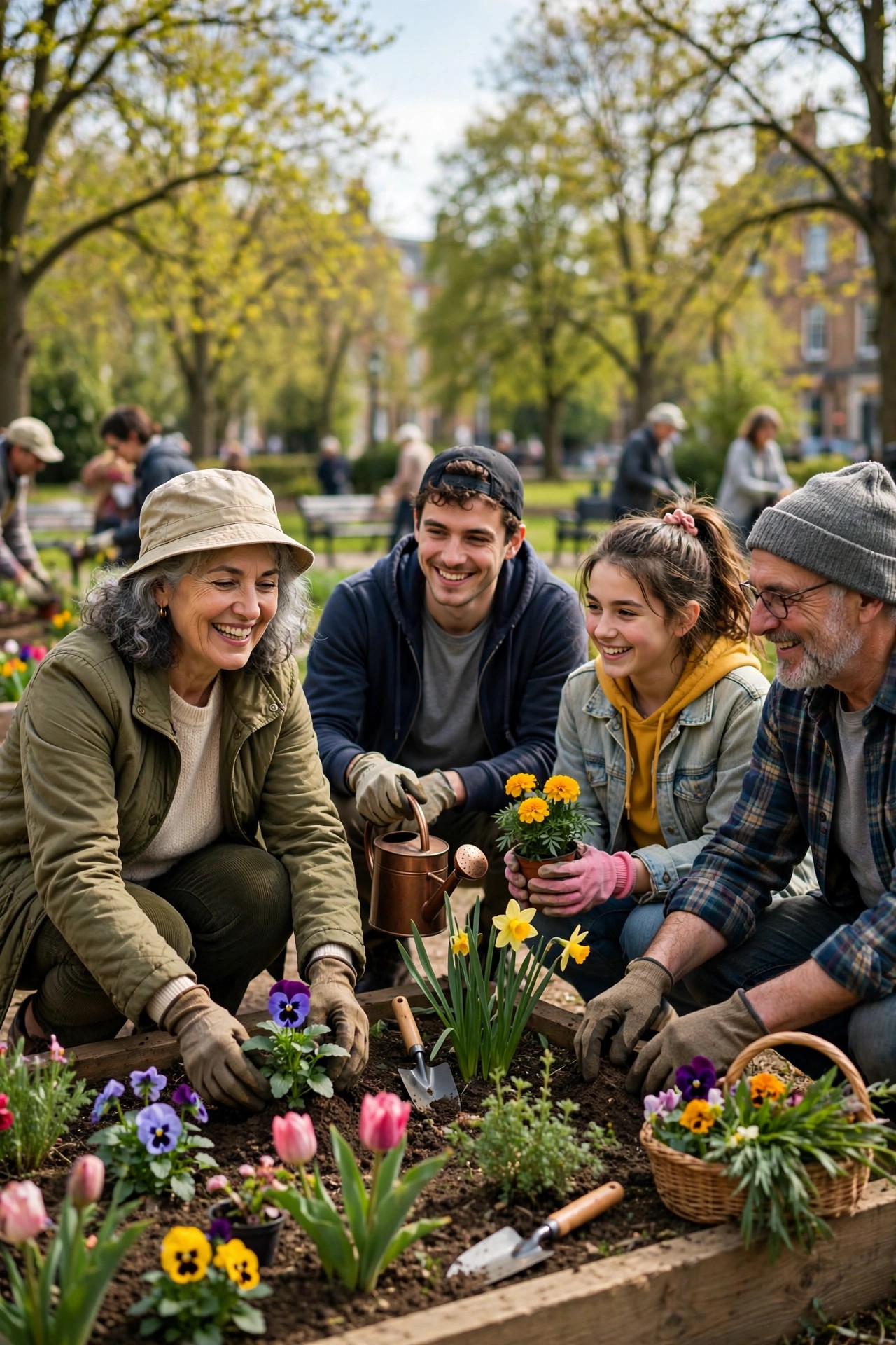Woman in her 60s planting flowers with volunteers during a town park cleanup