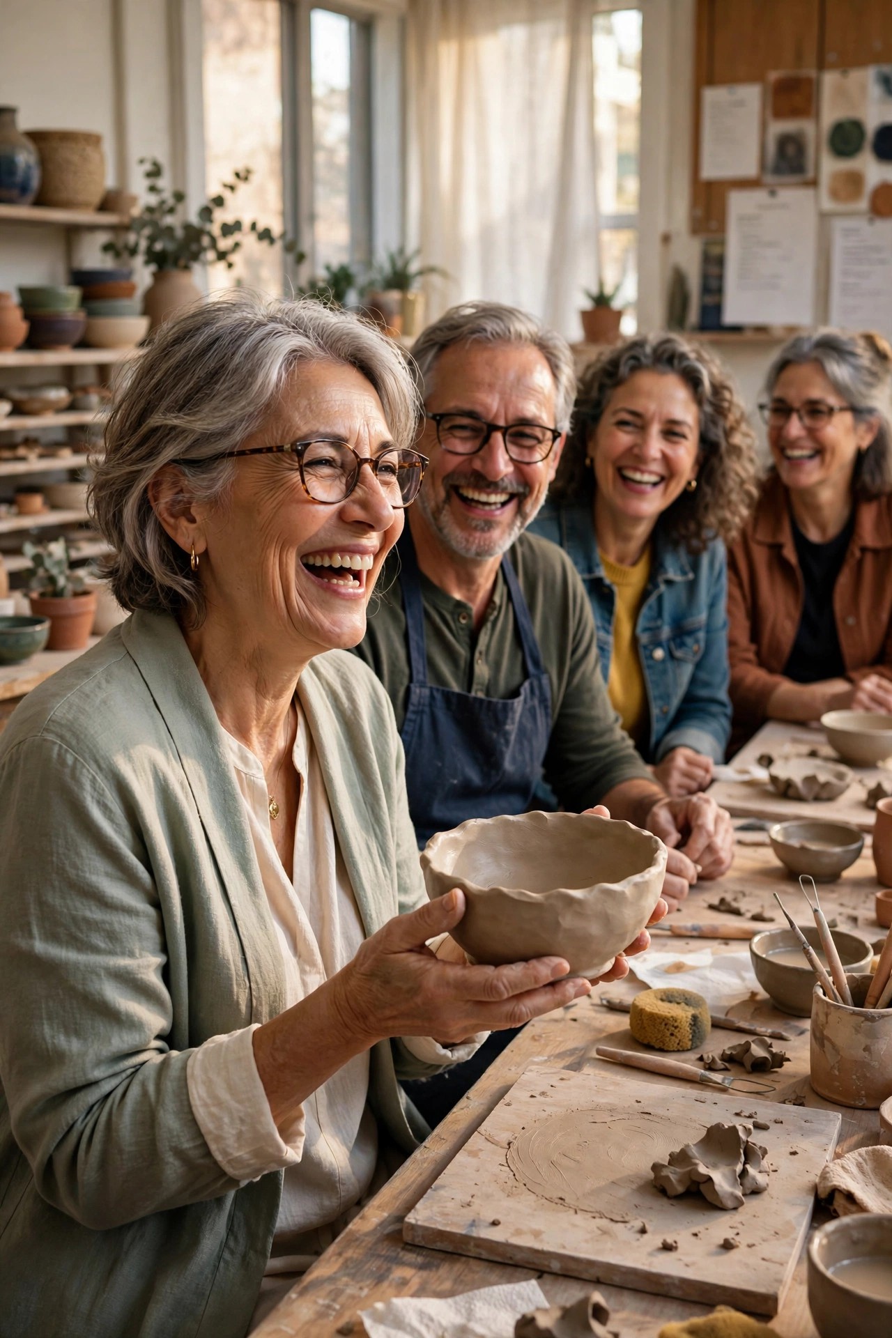 Woman in her 60s laughing with fellow students in an adult-education pottery class