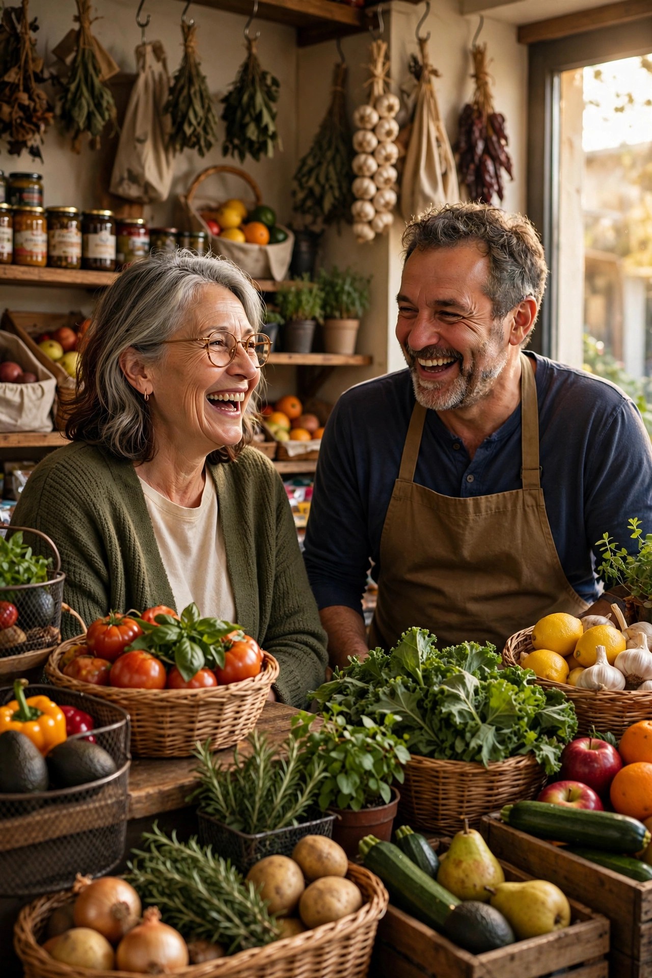 Woman in her 60s chatting and laughing with the owner of a corner grocery shop