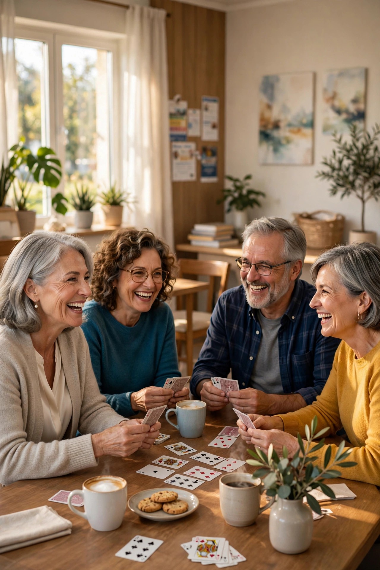 Woman in her 60s playing cards and laughing with new friends at a senior center