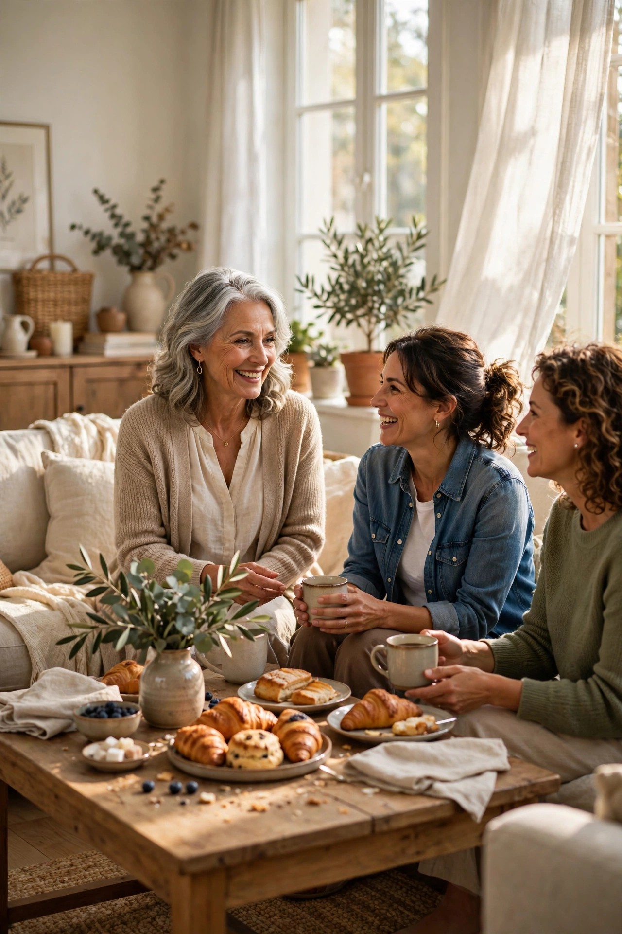 Woman in her 60s hosting a coffee morning for new neighbors in her living room